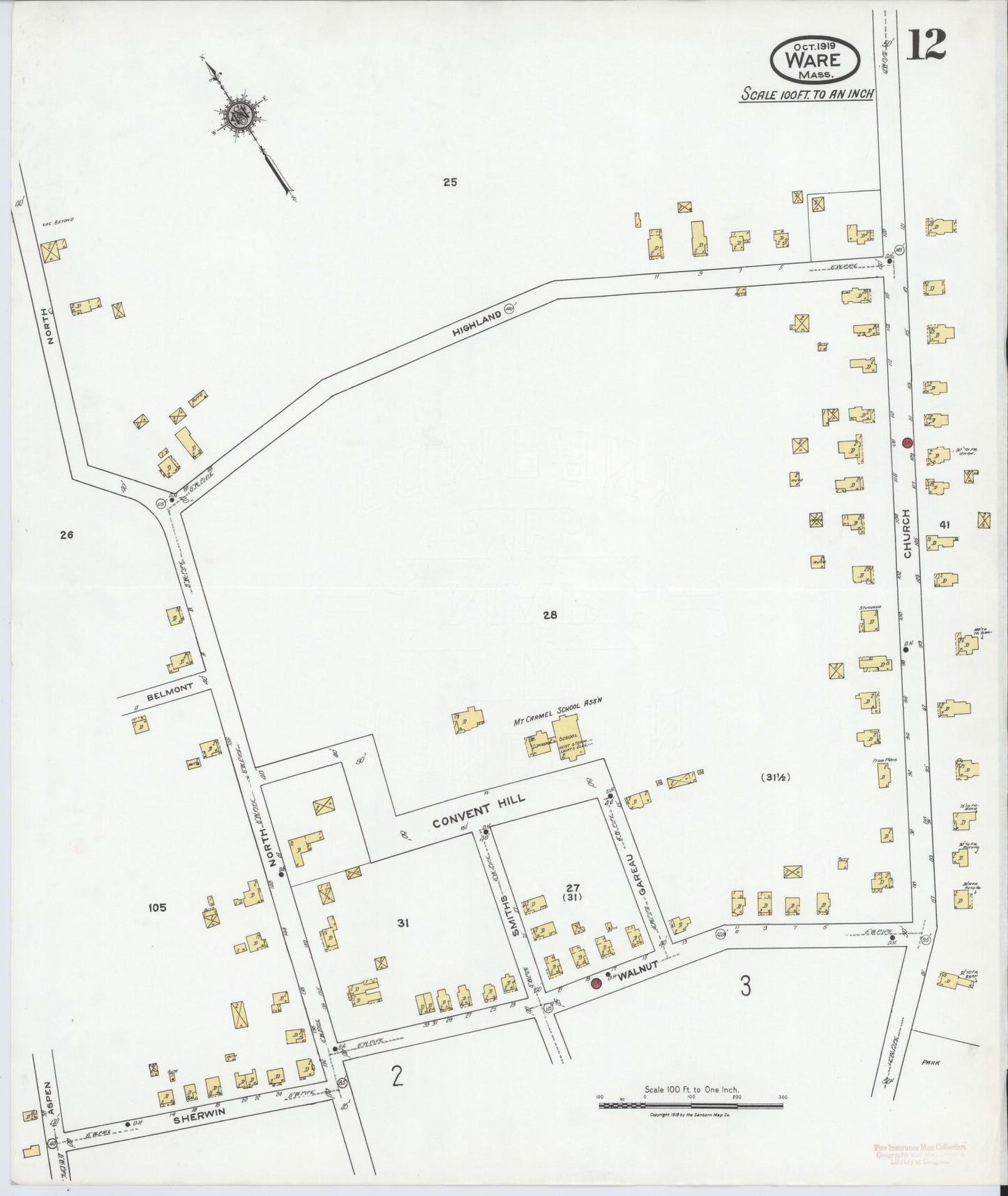Sanborn Fire Insurance Map from Ware, Hampshire County, Massachusetts (1919), Sheet #0012 - Historic Sanborn Fire Insurance Map Print, vintage old map wall art, antique decor, genealogy gift, Massachusetts Massachusetts map