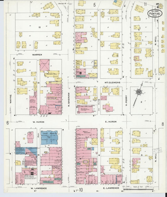 Sanborn Fire Insurance Map from Pontiac, Oakland County, Michigan (1909), Sheet #0007 - Historic Sanborn Fire Insurance Map Print, vintage old map wall art, antique decor, genealogy gift, Michigan Michigan map