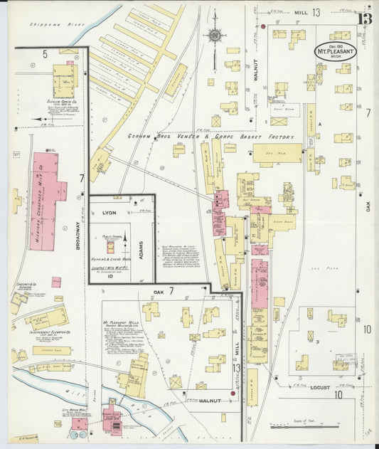 Sanborn Fire Insurance Map from Mount Pleasant, Isabella County, Michigan (1910), Sheet #0013 - Historic Sanborn Fire Insurance Map Print, vintage old map wall art, antique decor, genealogy gift, Michigan Michigan map
