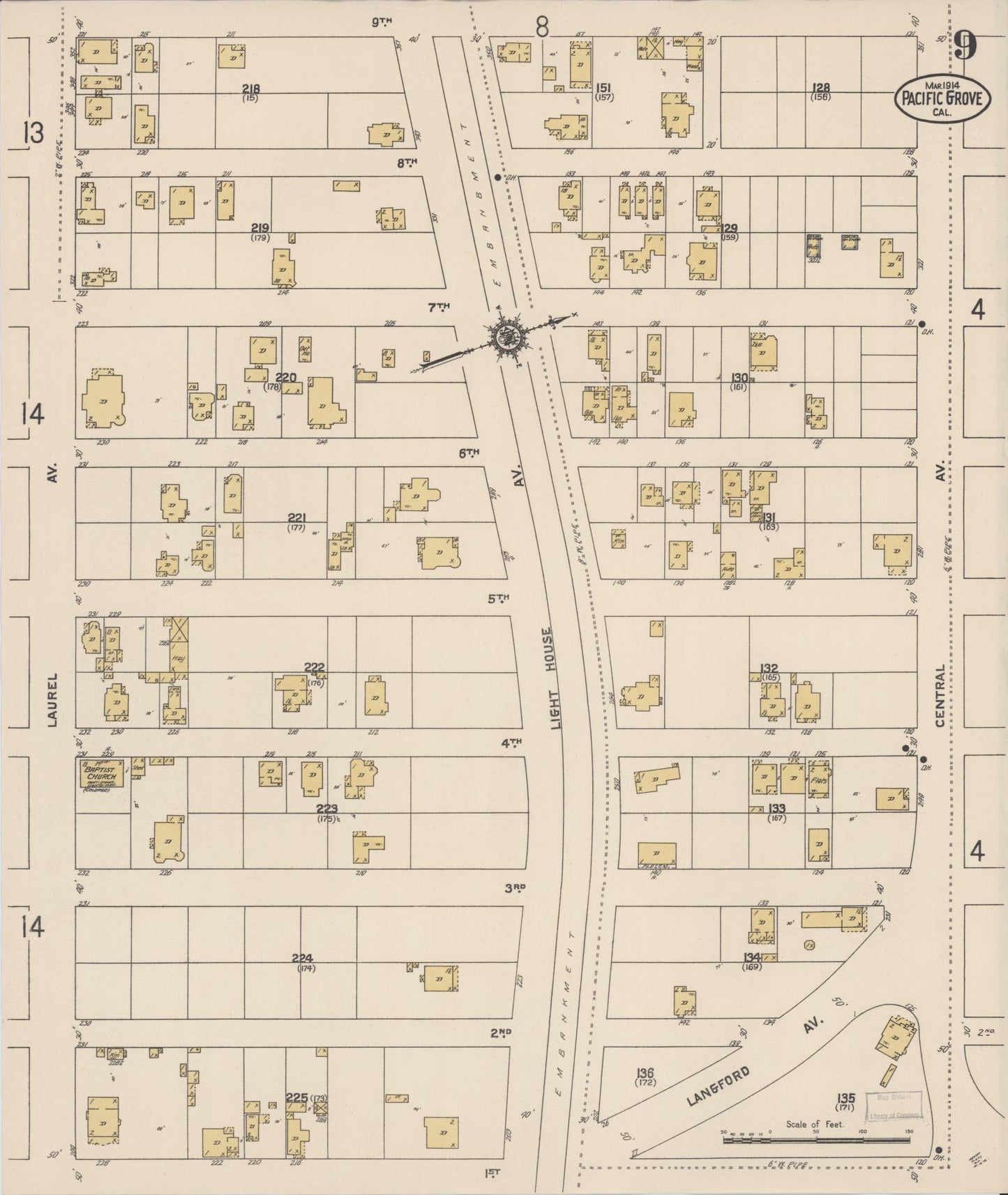 Sanborn Fire Insurance Map from Pacific Grove, Monterey County, California (1914), Sheet #0009 - Complete Map Set gallery image, historic Sanborn map, vintage wall art, California California