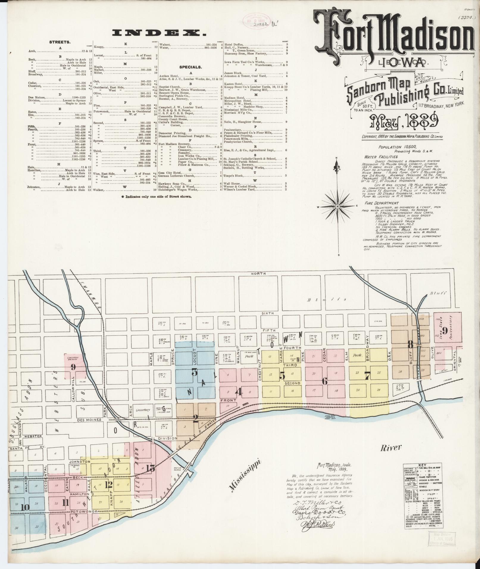 Sanborn Fire Insurance Map from Fort Madison, Lee County, Iowa (1889), Sheet #0001 - Historic Sanborn Fire Insurance Map Print, vintage old map wall art