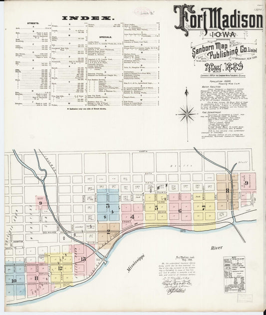 Sanborn Fire Insurance Map from Fort Madison, Lee County, Iowa (1889), Sheet #0001 - Historic Sanborn Fire Insurance Map Print, vintage old map wall art