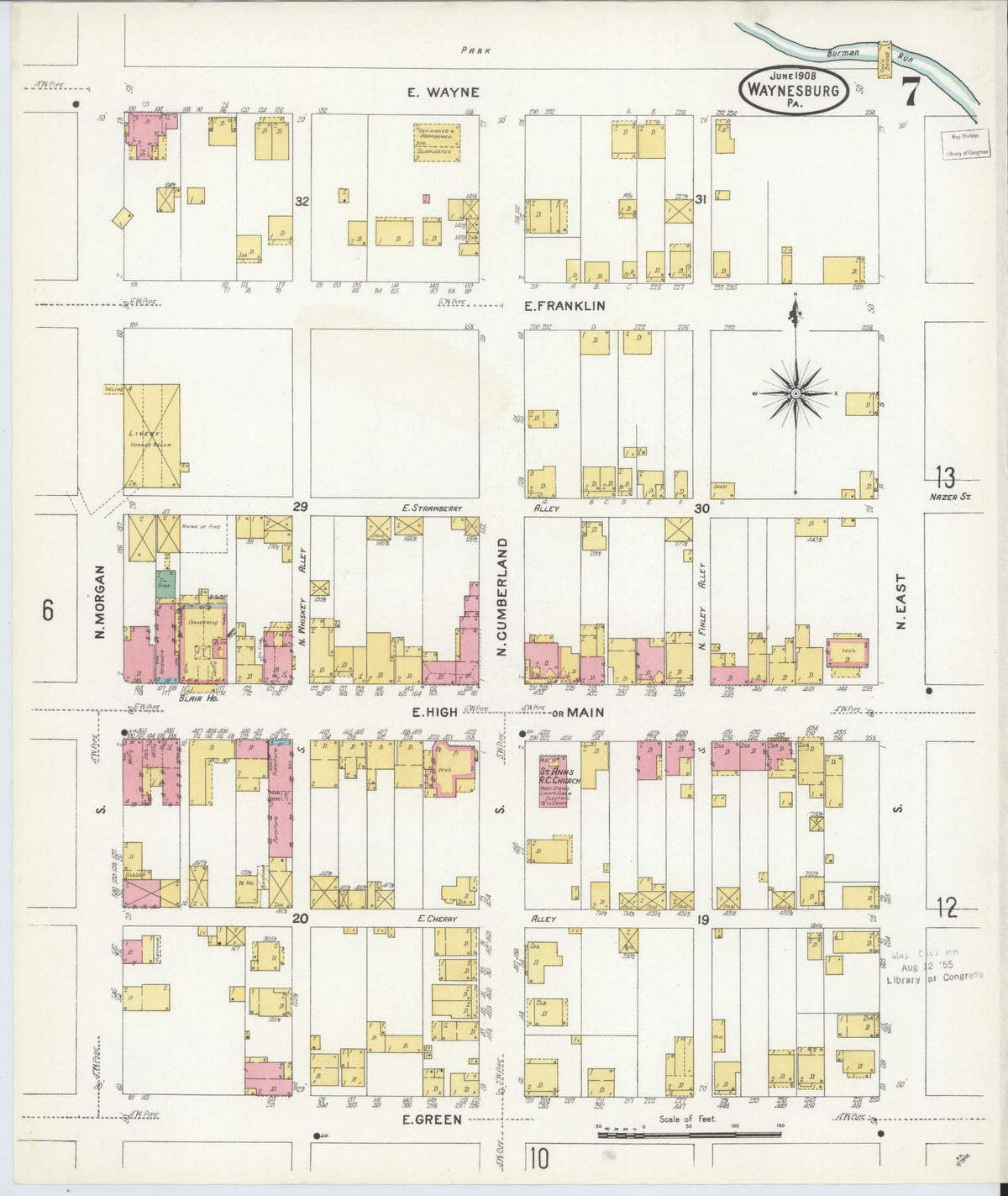 Sanborn Fire Insurance Map from Waynesburg, Greene County, Pennsylvania (1908), Sheet #0007 - Historic Sanborn Fire Insurance Map Print, vintage old map wall art, antique decor, genealogy gift, Pennsylvania Pennsylvania map