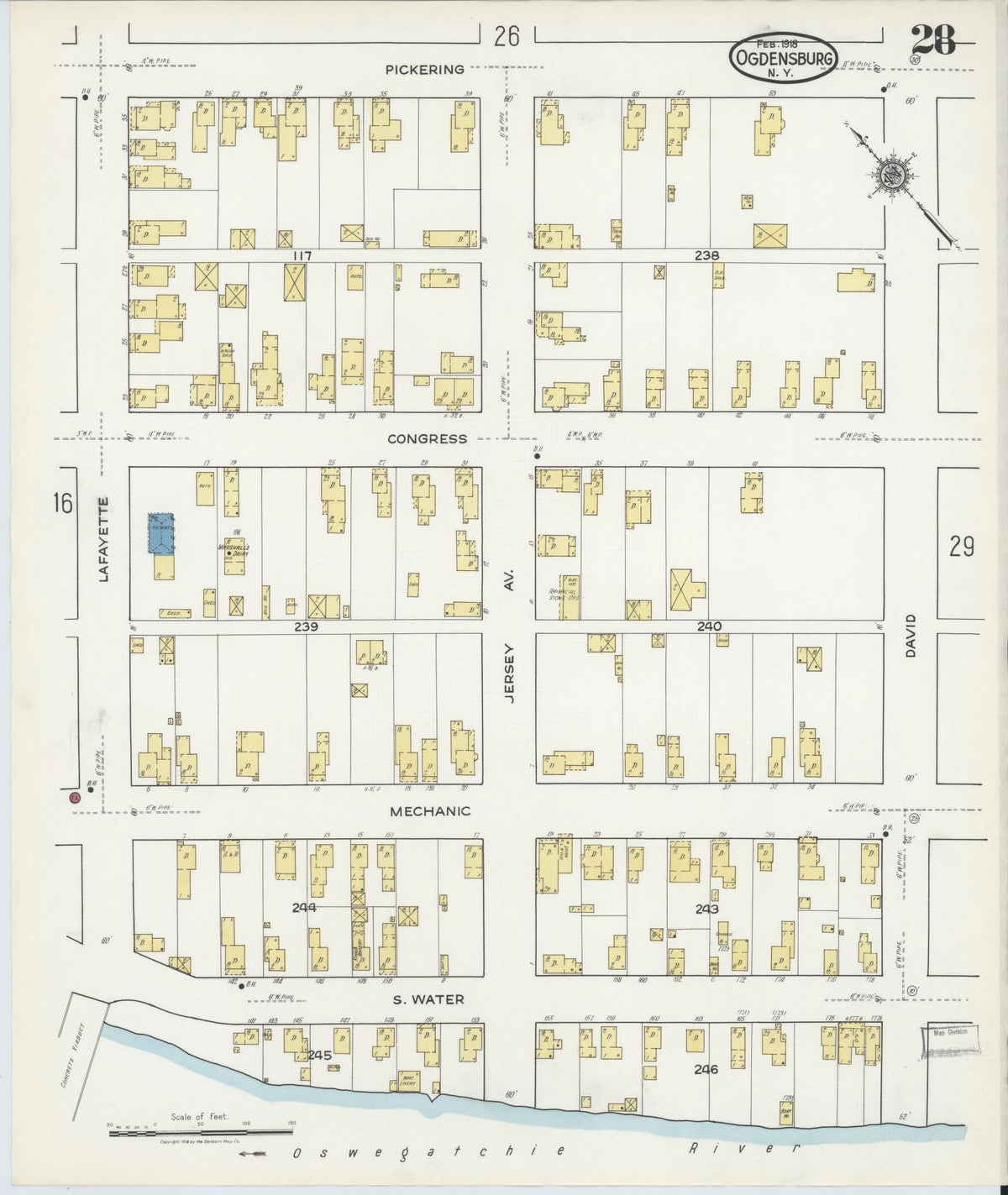 Sanborn Fire Insurance Map from Ogdensburg, St. Lawrence County, New York (1918), Sheet #0028 - Complete Map Set gallery image, historic Sanborn map, vintage wall art, New York New York