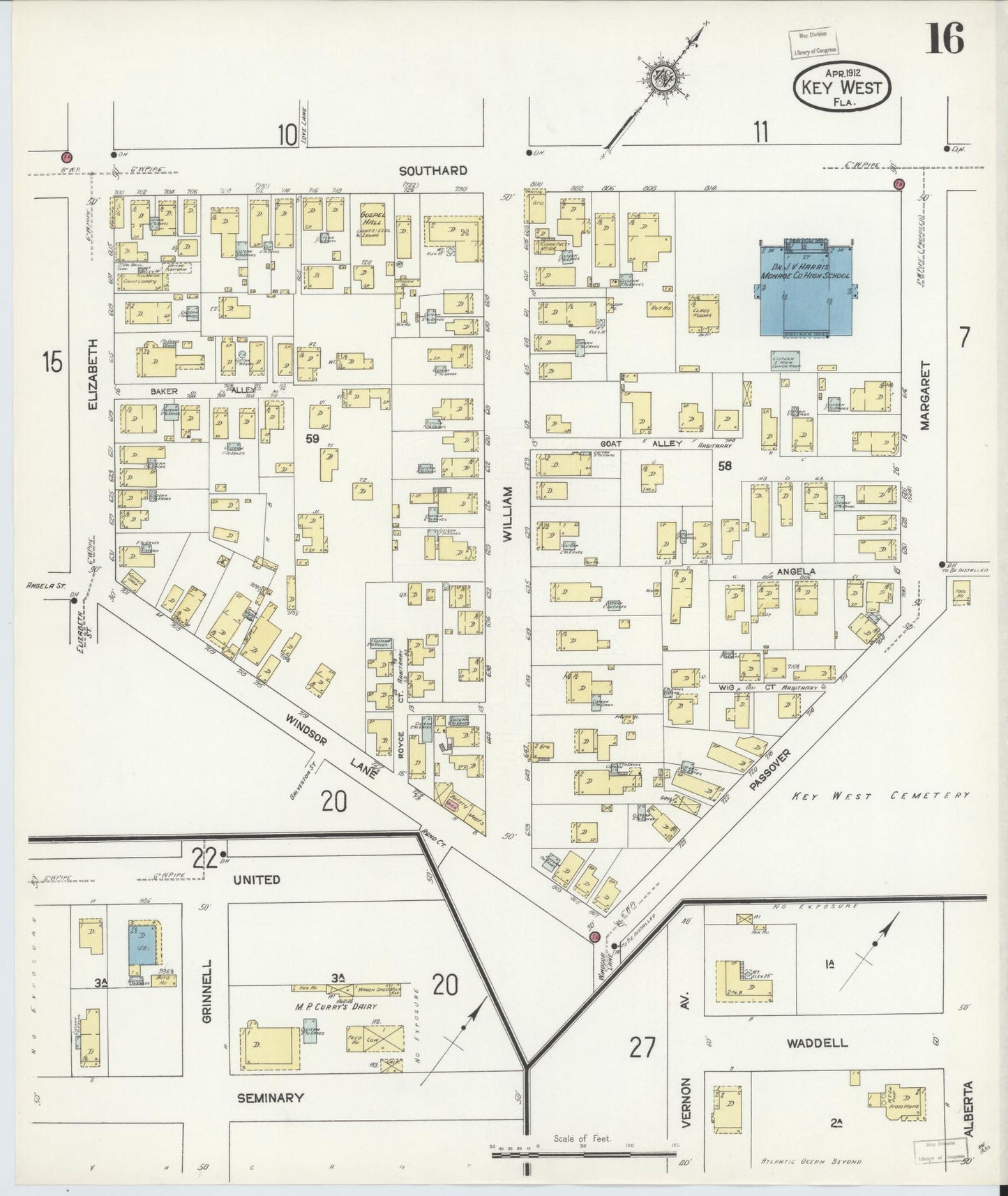 Sanborn Fire Insurance Map from Key West, Monroe County, Florida (1912), Sheet #0016 - Historic Sanborn Fire Insurance Map Print, vintage old map wall art, antique decor, genealogy gift, Florida Florida map