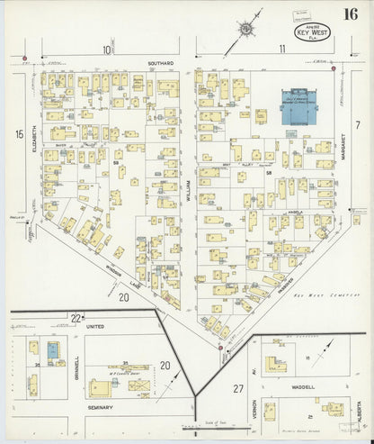 Sanborn Fire Insurance Map from Key West, Monroe County, Florida (1912), Sheet #0016 - Historic Sanborn Fire Insurance Map Print, vintage old map wall art, antique decor, genealogy gift, Florida Florida map