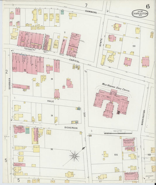 Sanborn Fire Insurance Map from Charleston, Kanawha County, West Virginia (1897), Sheet #0006 - Historic Sanborn Fire Insurance Map Print, vintage old map wall art, antique decor, genealogy gift, West Virginia West Virginia map