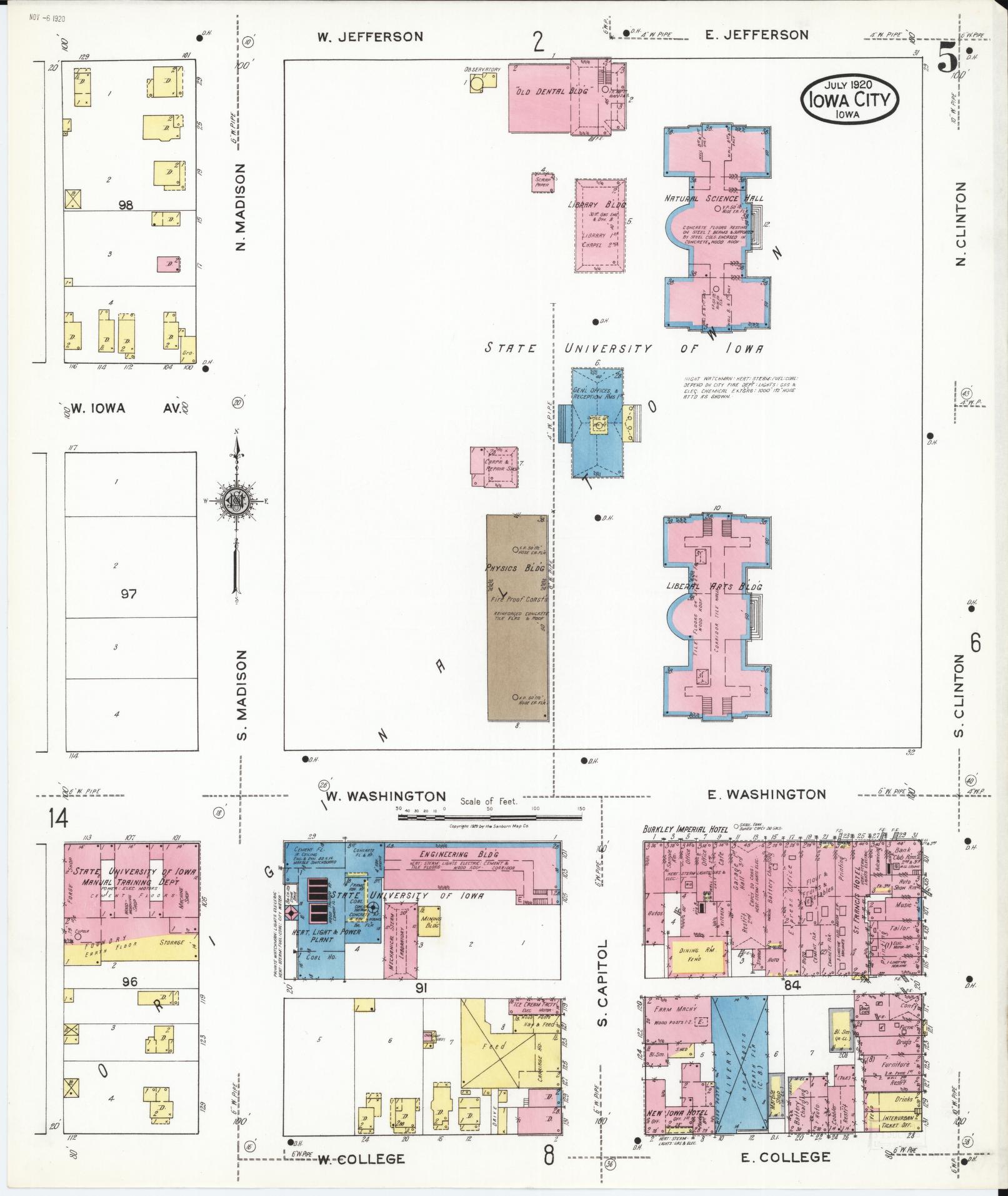 Sanborn Fire Insurance Map from Iowa City, Johnson County, Iowa (1920), Sheet #0005 - Historic Sanborn Fire Insurance Map Print, vintage old map wall art