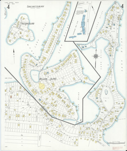 Sanborn Fire Insurance Map from Lake Orion, Oakland County, Michigan (1934), Sheet #0004 - Historic Sanborn Fire Insurance Map Print, vintage old map wall art, antique decor, genealogy gift, Michigan Michigan map