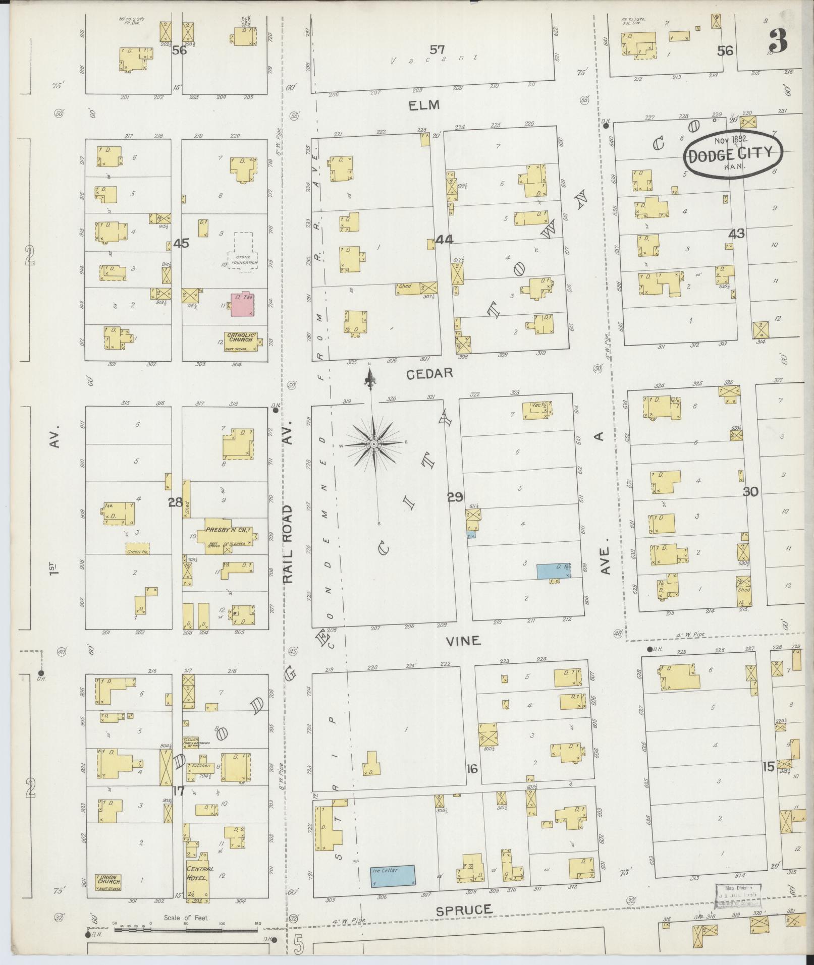 Sanborn Fire Insurance Map from Dodge City, Ford County, Kansas (1892), Sheet #0003 - Historic Sanborn Fire Insurance Map Print, vintage old map wall art, antique decor, genealogy gift, Kansas Kansas map