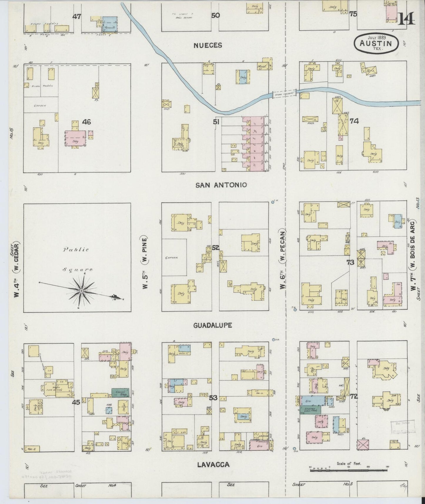 Sanborn Fire Insurance Map from Austin, Travis County, Texas (1889), Sheet #0014 - Historic Sanborn Fire Insurance Map Print, vintage old map wall art, antique decor, genealogy gift, Texas Texas map