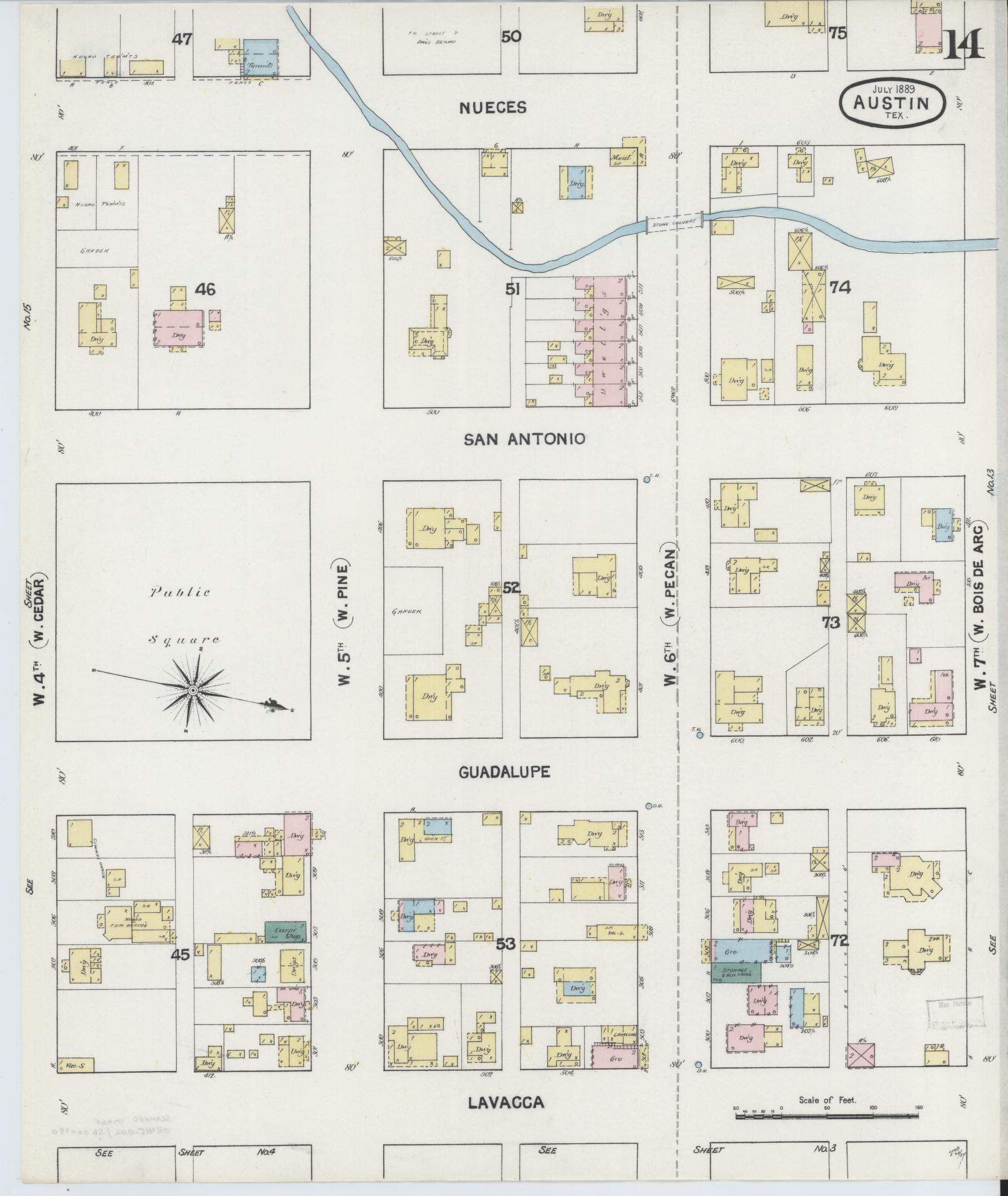 Sanborn Fire Insurance Map from Austin, Travis County, Texas (1889), Sheet #0014 - Historic Sanborn Fire Insurance Map Print, vintage old map wall art, antique decor, genealogy gift, Texas Texas map