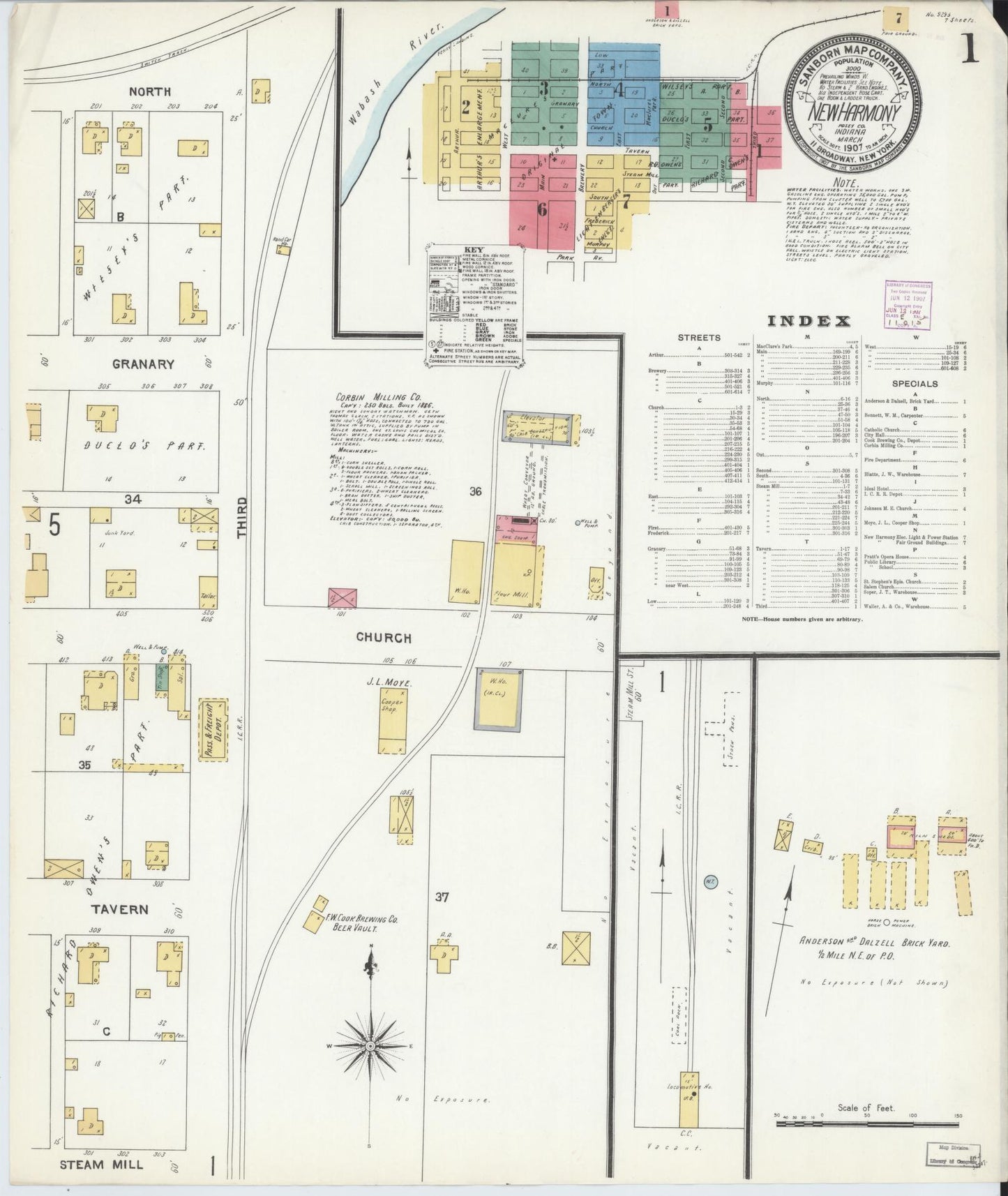 Sanborn Fire Insurance Map from New Harmony, Posey County, Indiana (1907), Sheet #0001 - Historic Sanborn Fire Insurance Map Print, vintage old map wall art, antique decor, genealogy gift, Indiana Indiana map
