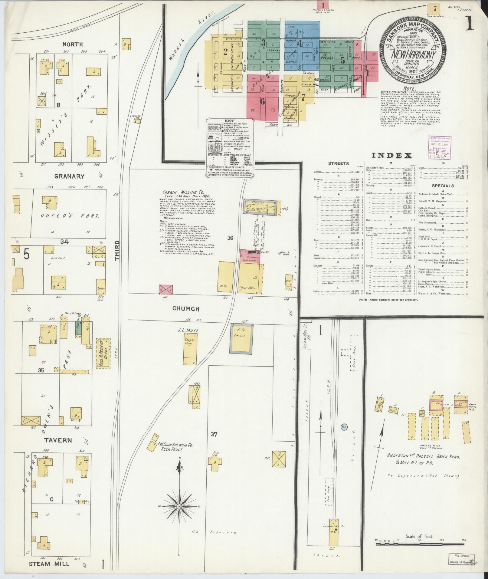 Sanborn Fire Insurance Map from New Harmony, Posey County, Indiana (1907), Sheet #0001 - Historic Sanborn Fire Insurance Map Print, vintage old map wall art, antique decor, genealogy gift, Indiana Indiana map