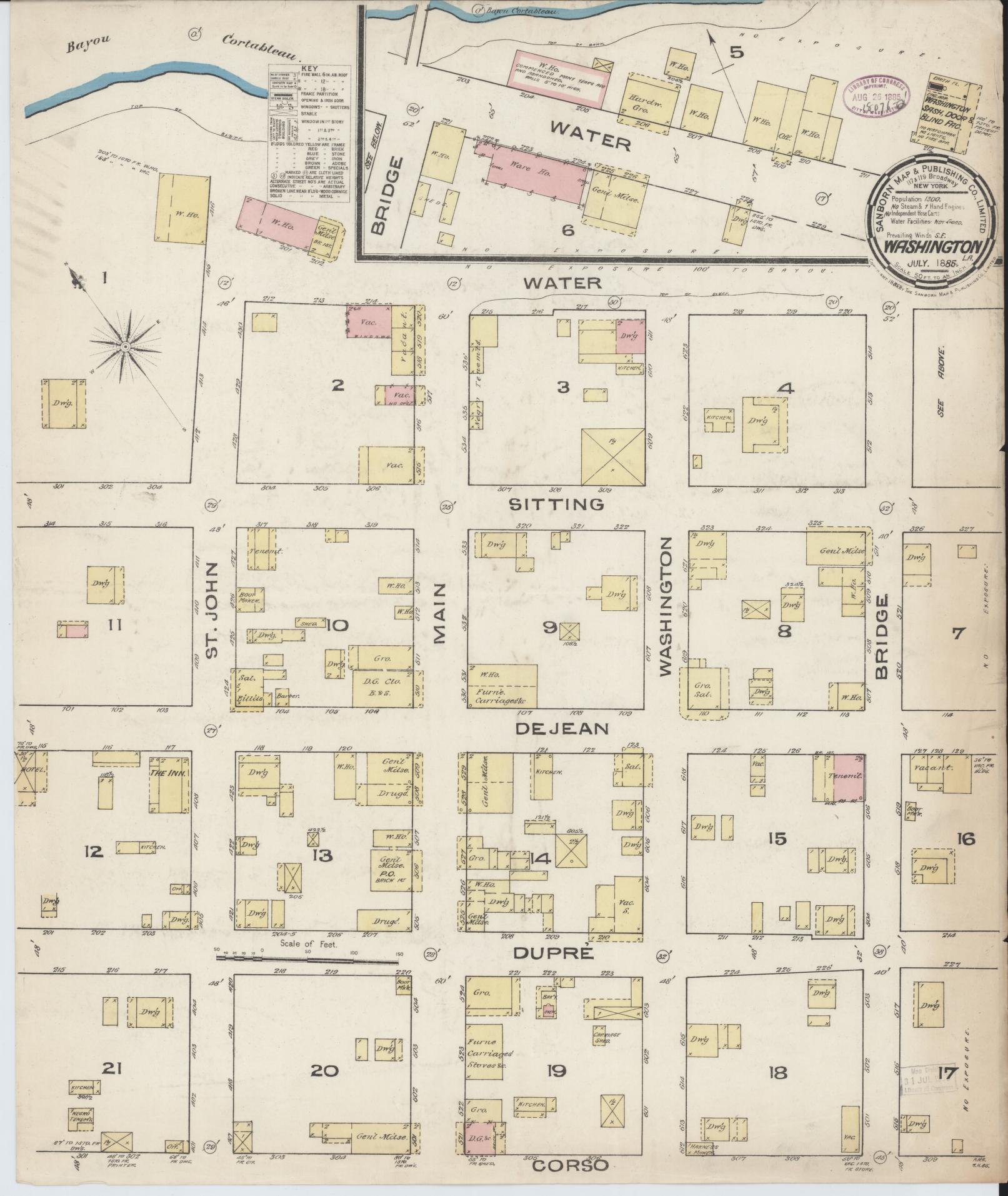 Sanborn Fire Insurance Map from Washington, Saint Landry Parish, Louisiana (1885), Sheet #0001 - Historic Sanborn Fire Insurance Map Print, vintage old map wall art, antique decor, genealogy gift, Washington Washington map