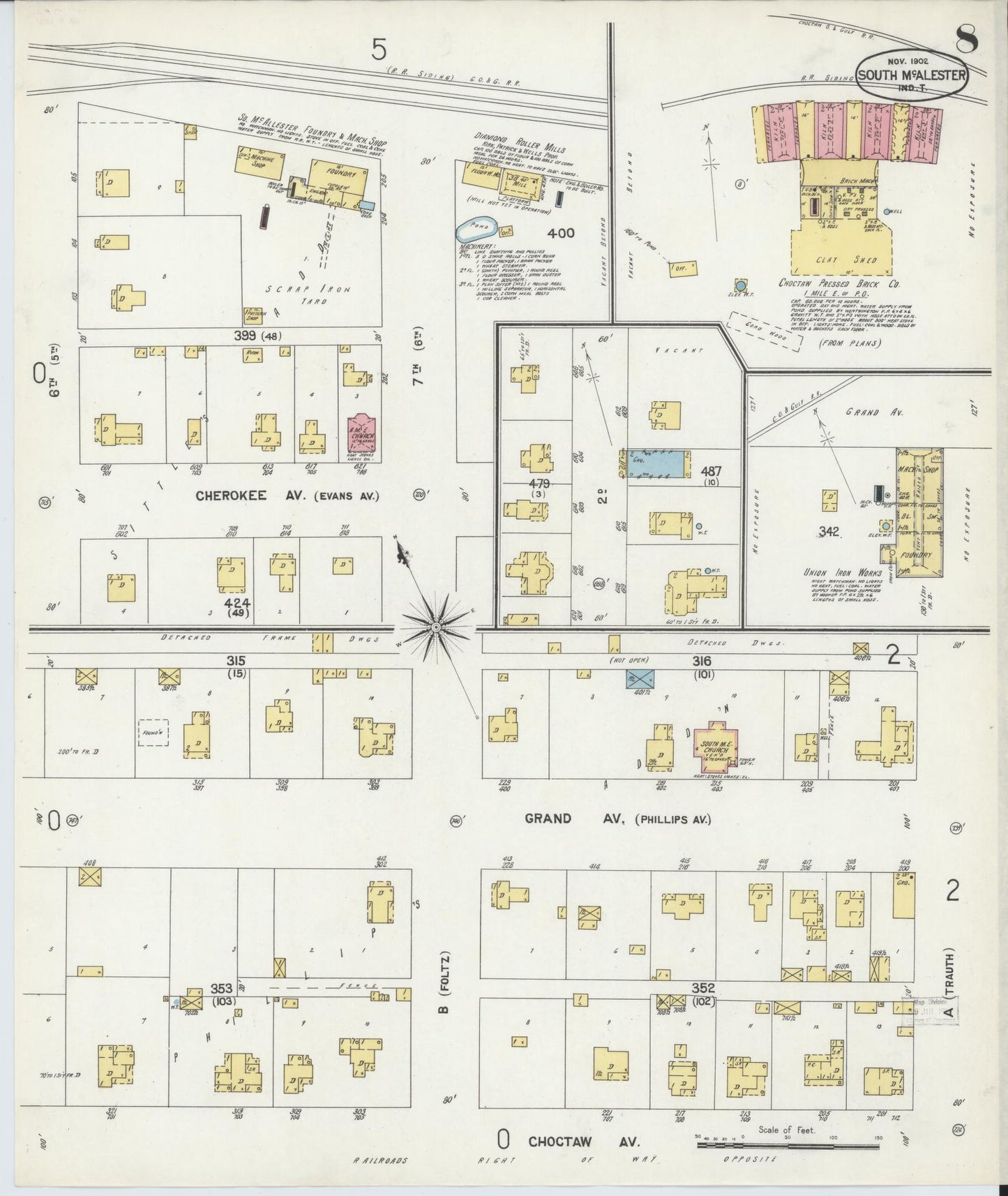 Sanborn Fire Insurance Map from South McAlester, Pittsburg County, Oklahoma (1902), Sheet #0008 - Complete Map Set gallery image, historic Sanborn map, vintage wall art, Oklahoma Oklahoma