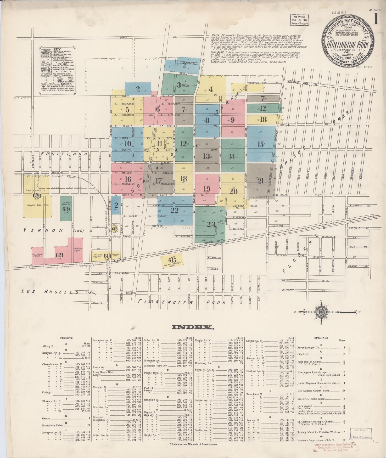 Sanborn Fire Insurance Map from Huntington Park, Los Angeles County, California (1916), Sheet #0001 - Historic Sanborn Fire Insurance Map Print, vintage old map wall art, antique decor, genealogy gift, California California map