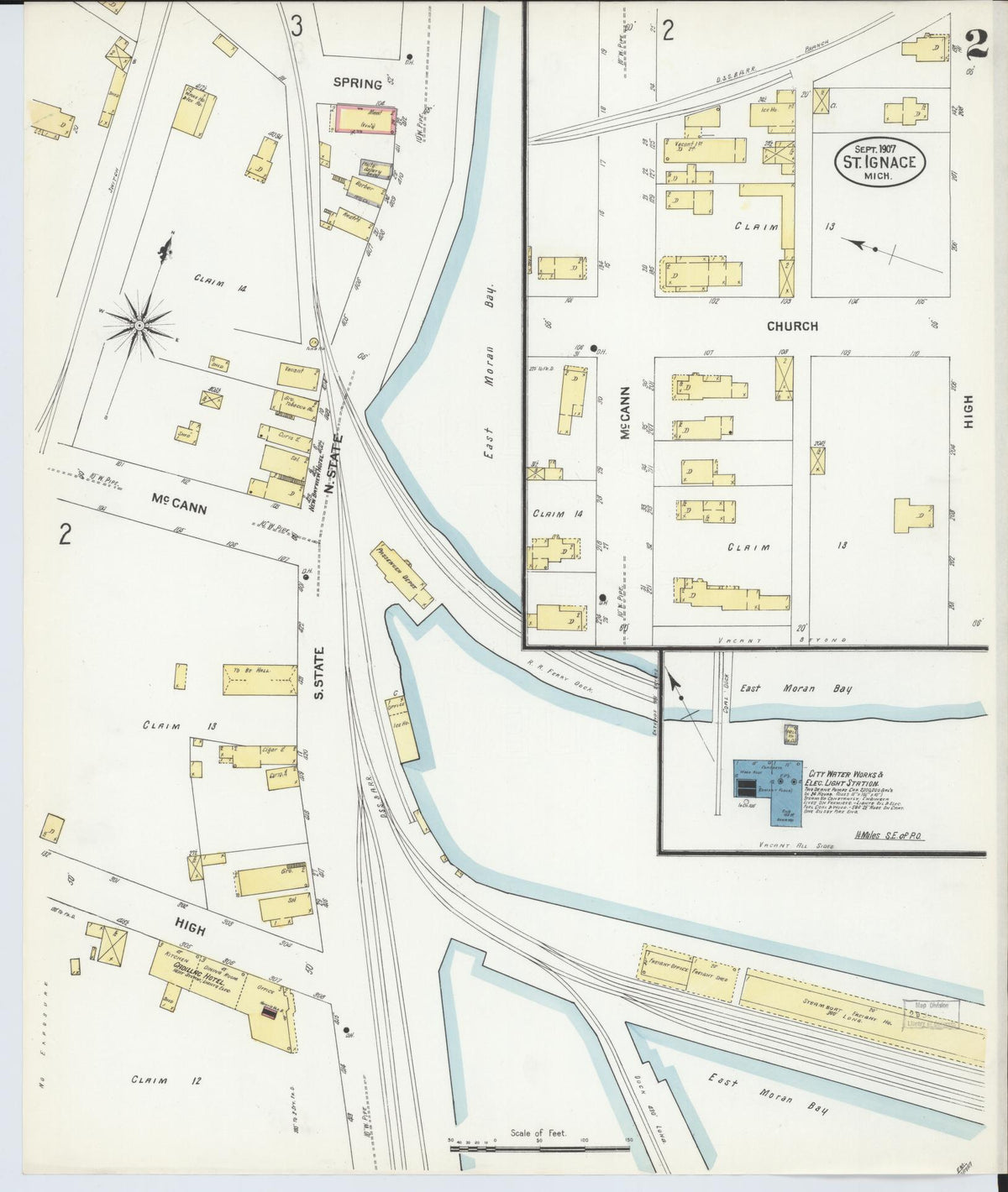Sanborn Fire Insurance Map from Saint Ignace, Mackinac County, Michigan (1907), Sheet #0002 - Historic Sanborn Fire Insurance Map Print, vintage old map wall art, antique decor, genealogy gift, Michigan Michigan map