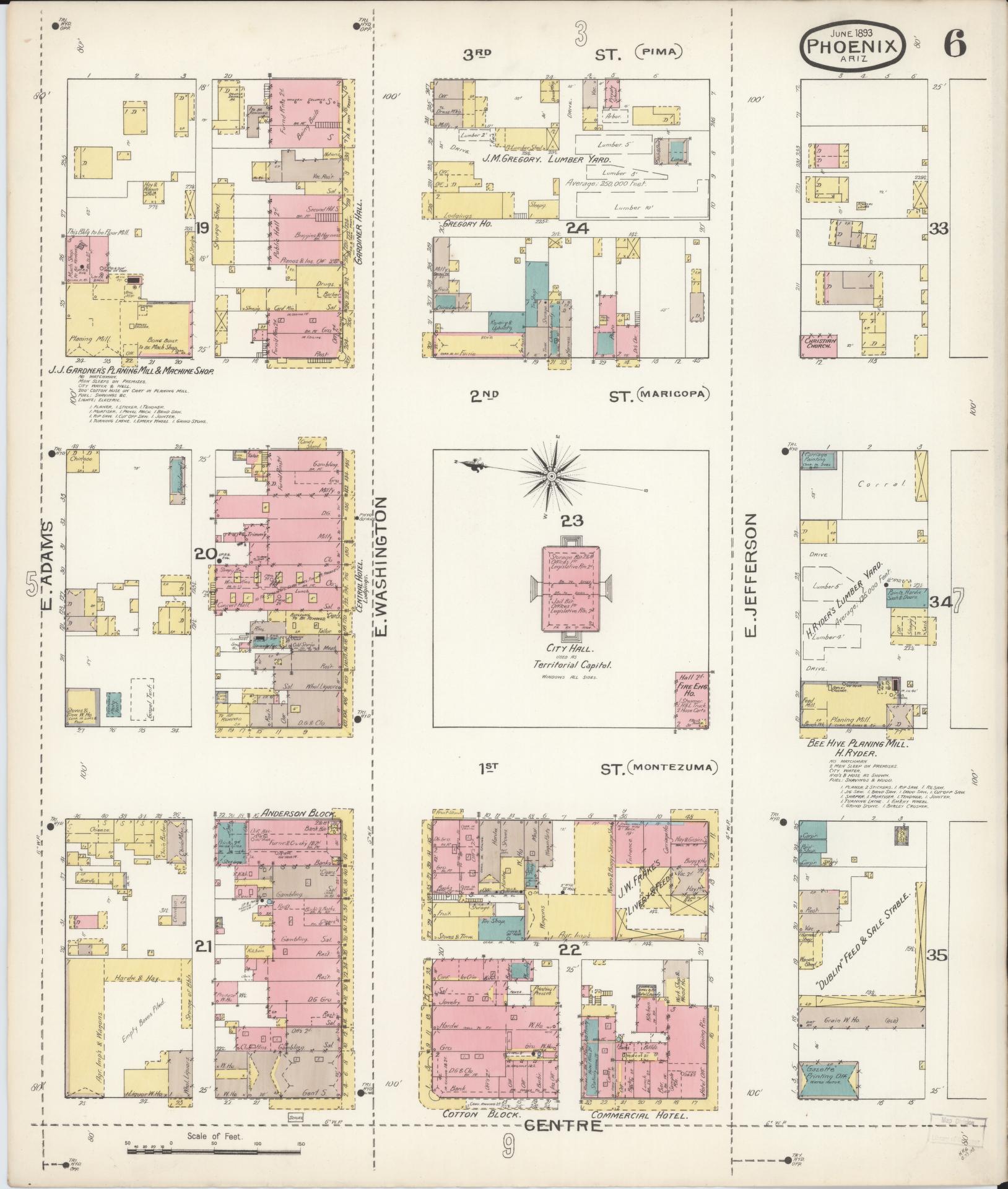Sanborn Fire Insurance Map from Phoenix, Maricopa County, Arizona (1893), Sheet #0006 - Historic Sanborn Fire Insurance Map Print, vintage old map wall art, antique decor, genealogy gift, Arizona Arizona map