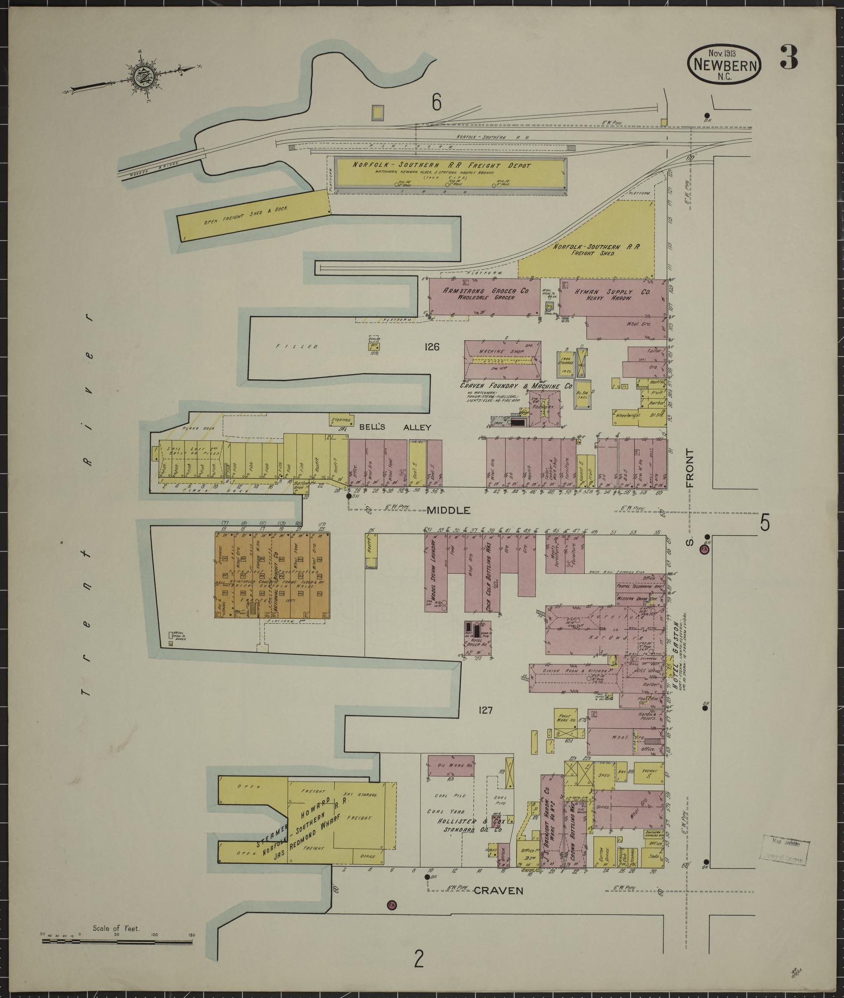 Sanborn Fire Insurance Map from New Bern, Craven County, North Carolina (1913), Sheet #0003 - Complete Map Set gallery image, historic Sanborn map, vintage wall art, North Carolina North Carolina