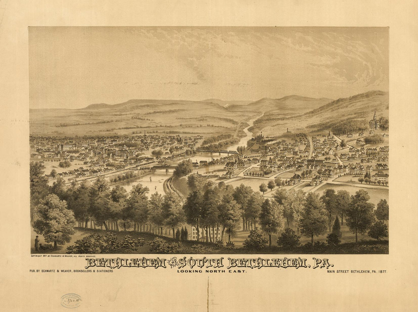 Bethlehem and South Bethlehem, Pa. Looking north east (1877) – Historic Bird’s-Eye View Panorama Print