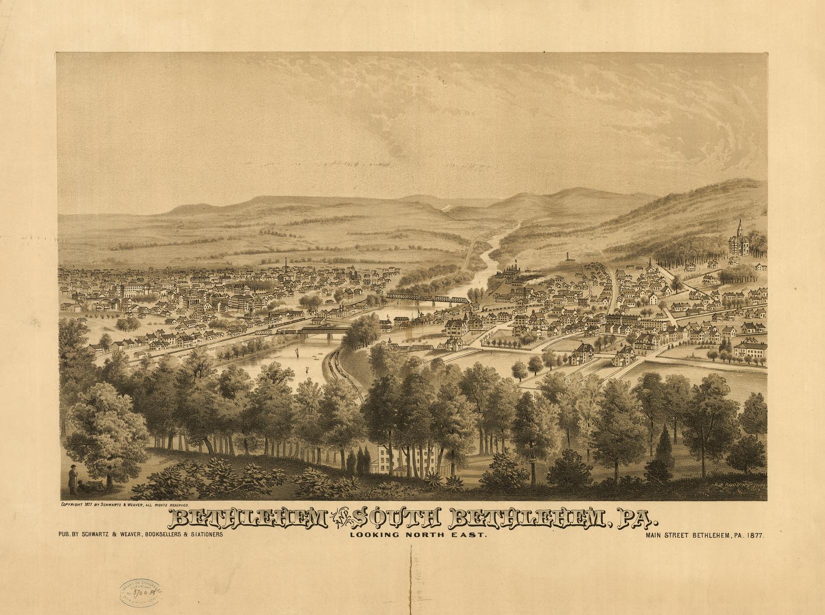 Bethlehem and South Bethlehem, Pa. Looking north east (1877) – Historic Bird’s-Eye View Panorama Print