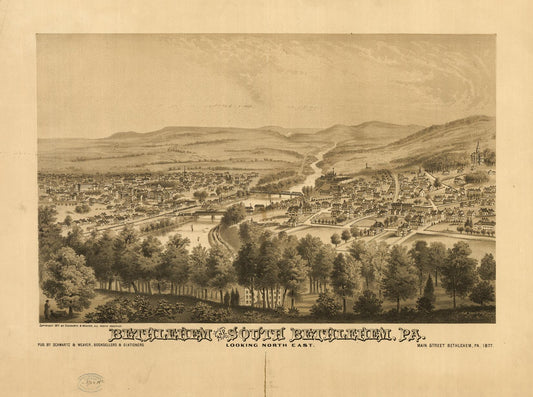 Bethlehem and South Bethlehem, Pa. Looking north east (1877) – Historic Bird’s-Eye View Panorama Print