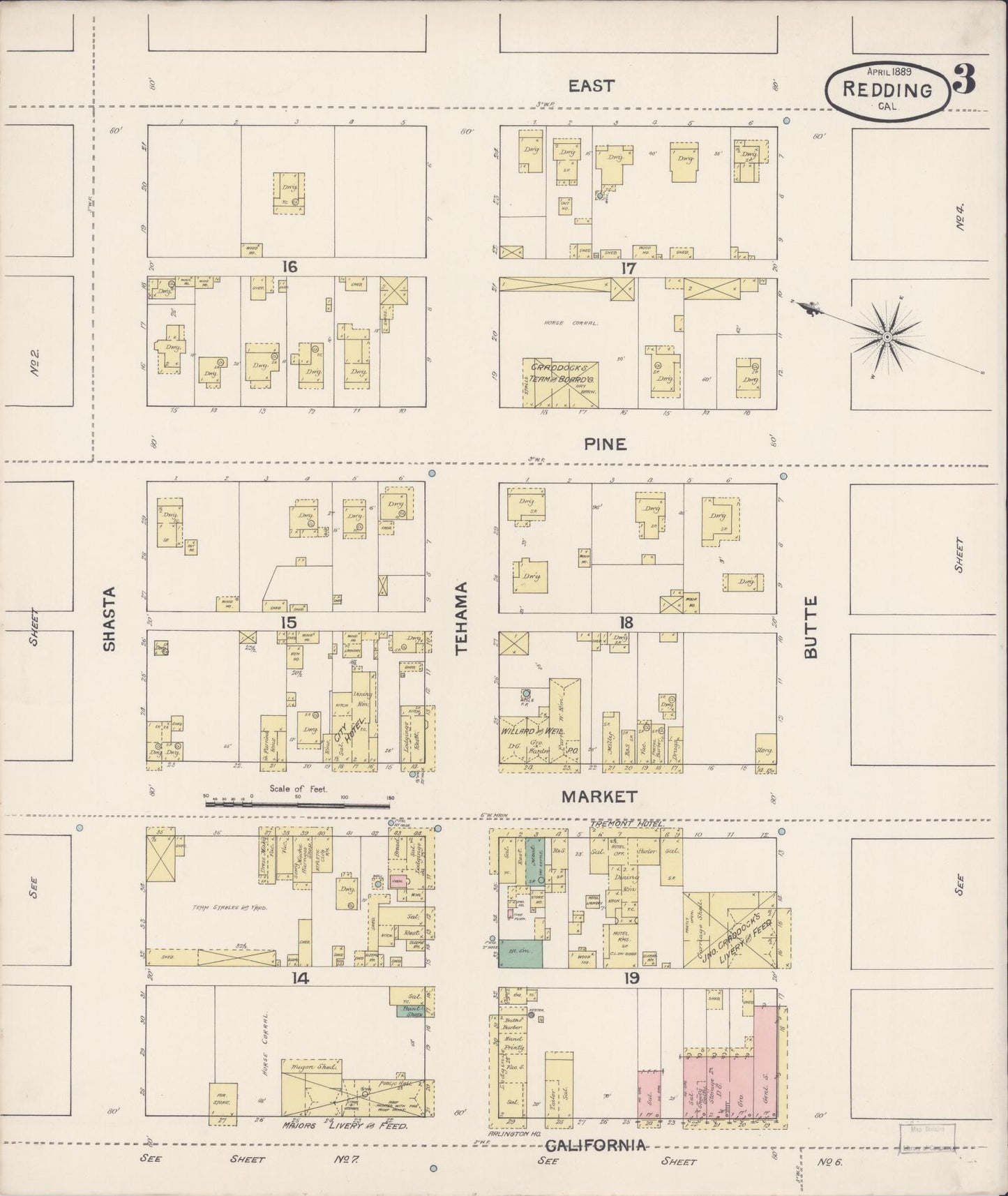 Sanborn Fire Insurance Map from Redding, Shasta County, California (1889), Sheet #0003 - Complete Map Set gallery image, historic Sanborn map, vintage wall art, California California