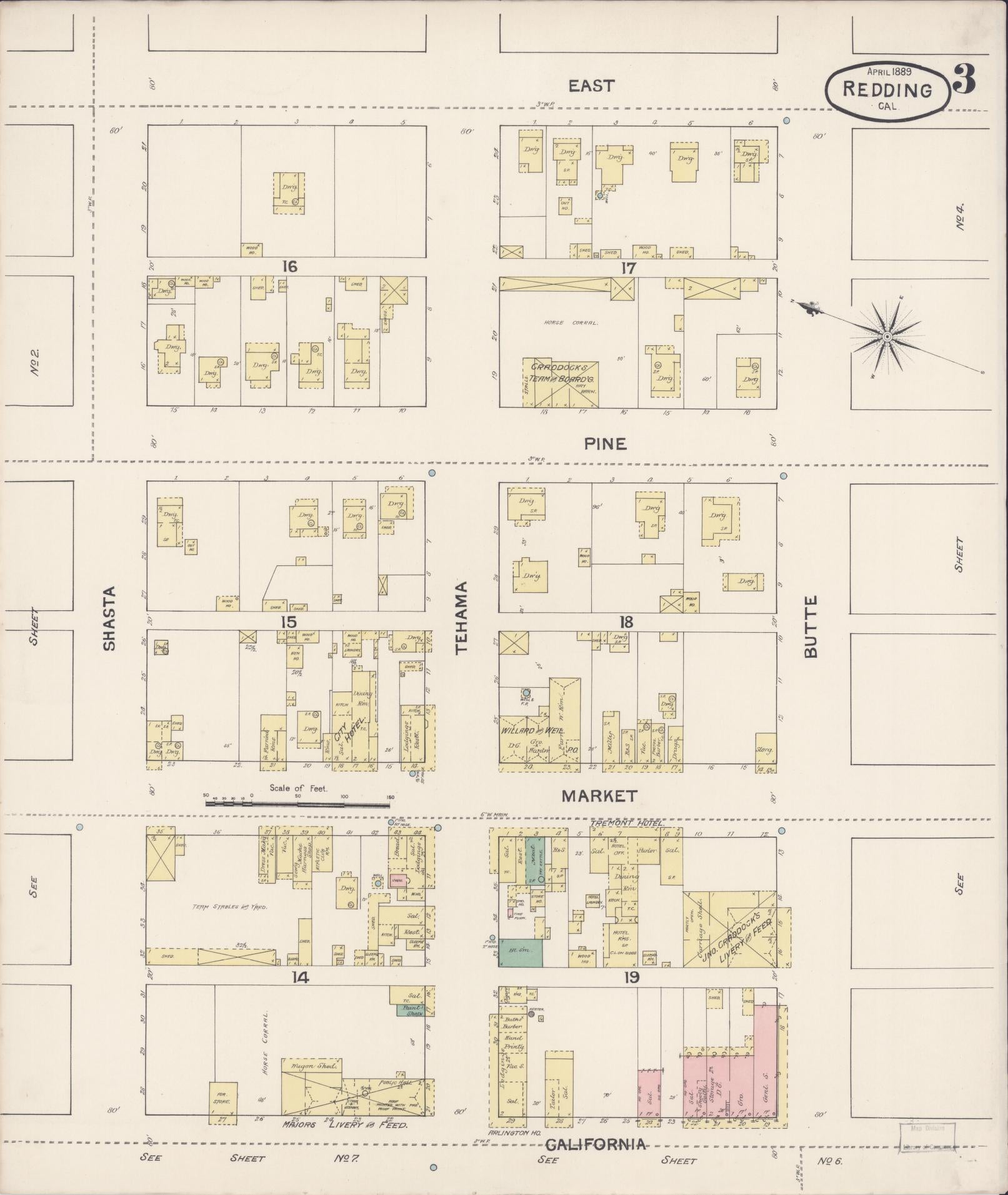 Sanborn Fire Insurance Map from Redding, Shasta County, California (1889), Sheet #0003 - Complete Map Set gallery image, historic Sanborn map, vintage wall art, California California