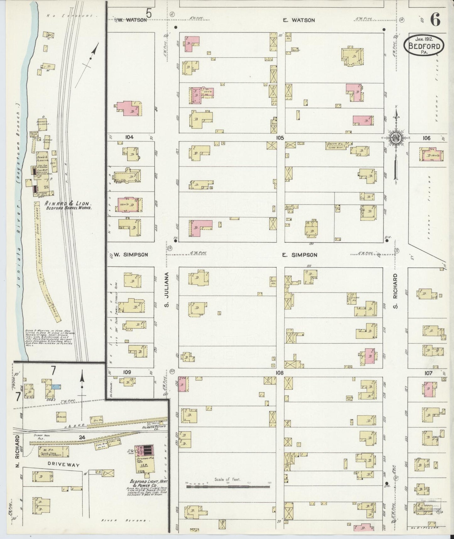 Sanborn Fire Insurance Map from Bedford, Bedford County, Pennsylvania (1912), Sheet #0006 - Historic Sanborn Fire Insurance Map Print, vintage old map wall art, antique decor, genealogy gift, Pennsylvania Pennsylvania map