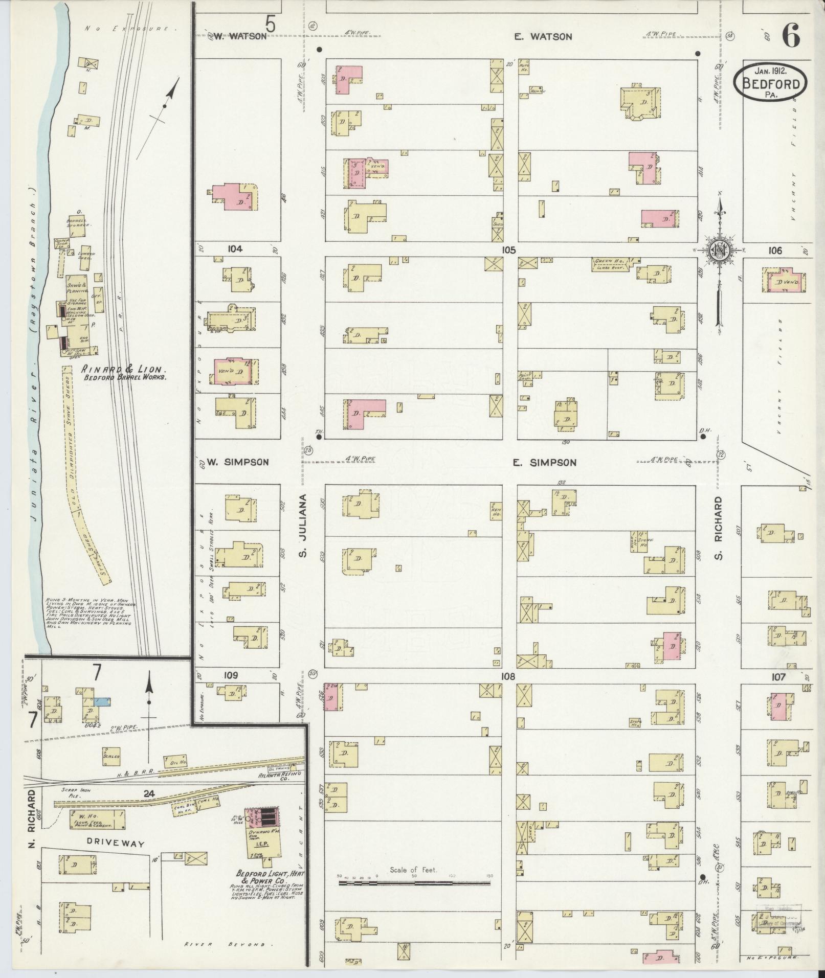 Sanborn Fire Insurance Map from Bedford, Bedford County, Pennsylvania (1912), Sheet #0006 - Historic Sanborn Fire Insurance Map Print, vintage old map wall art, antique decor, genealogy gift, Pennsylvania Pennsylvania map