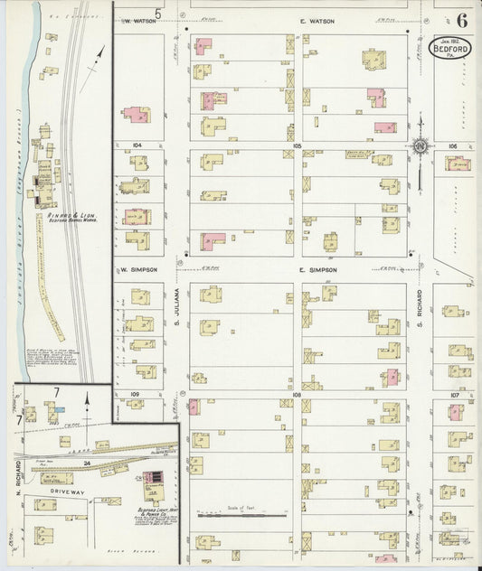 Sanborn Fire Insurance Map from Bedford, Bedford County, Pennsylvania (1912), Sheet #0006 - Historic Sanborn Fire Insurance Map Print, vintage old map wall art, antique decor, genealogy gift, Pennsylvania Pennsylvania map