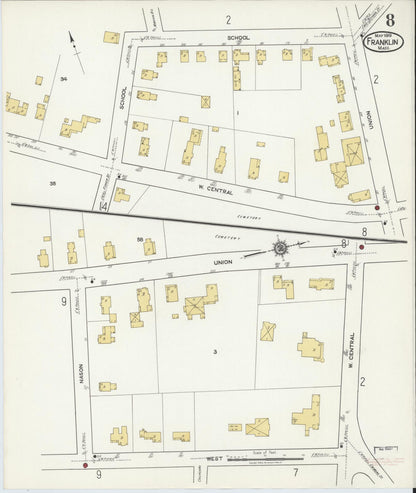 Sanborn Fire Insurance Map from Franklin, Norfolk County, Massachusetts (1919), Sheet #0008 - Historic Sanborn Fire Insurance Map Print, vintage old map wall art, antique decor, genealogy gift, Massachusetts Massachusetts map