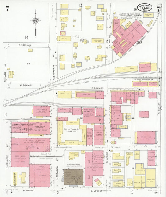 Sanborn Fire Insurance Map from Tyler, Smith County, Texas (1928), Sheet #0007 - Historic Sanborn Fire Insurance Map Print, vintage old map wall art, antique decor, genealogy gift, Texas Texas map