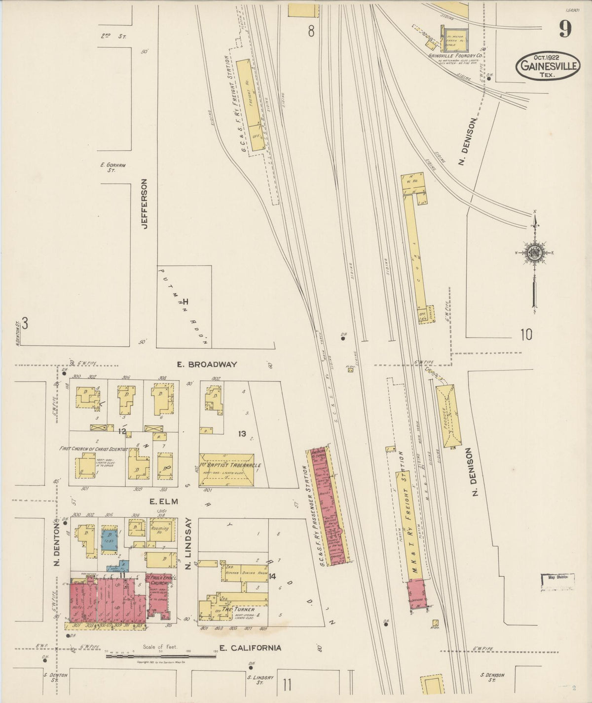 Sanborn Fire Insurance Map from Gainesville, Cooke County, Texas (1922), Sheet #0009 - Complete Map Set gallery image, historic Sanborn map, vintage wall art, Texas Texas