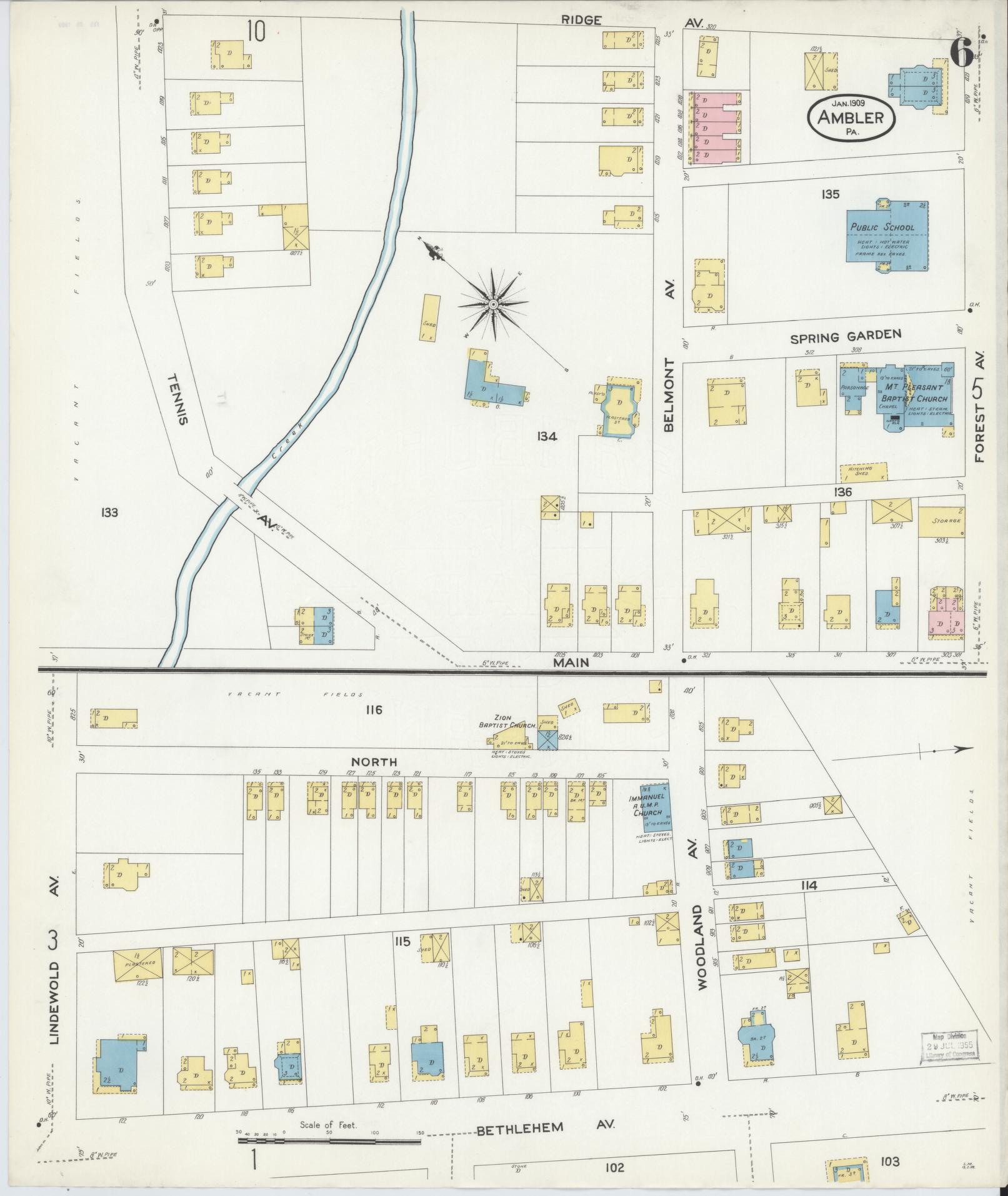 Sanborn Fire Insurance Map from Ambler, Montgomery County, Pennsylvania (1909), Sheet #0006 - Historic Sanborn Fire Insurance Map Print, vintage old map wall art, antique decor, genealogy gift, Pennsylvania Pennsylvania map