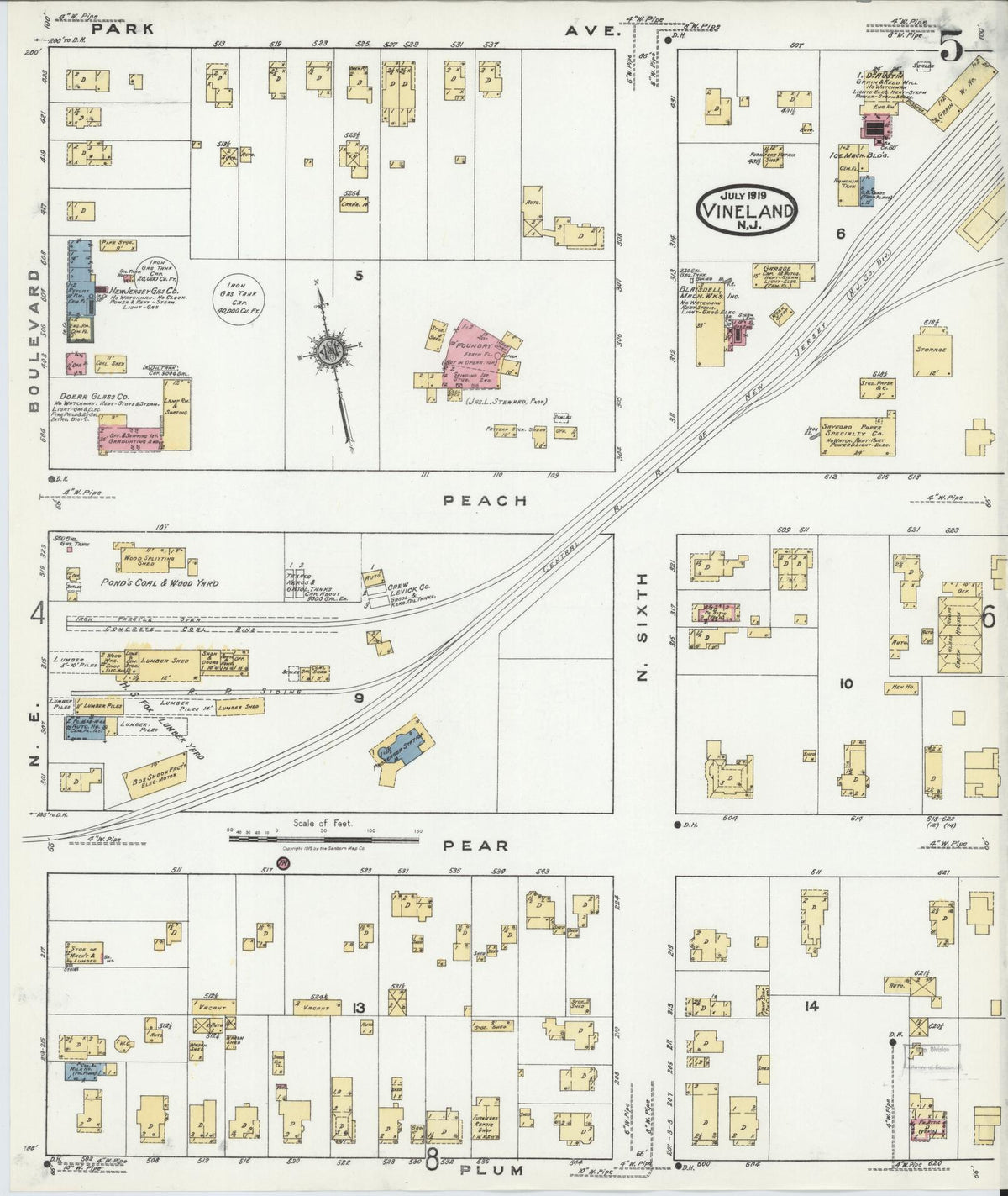 Sanborn Fire Insurance Map from Vineland, Cumberland County, New Jersey (1919), Sheet #0005 - Complete Map Set gallery image, historic Sanborn map, vintage wall art, New Jersey New Jersey