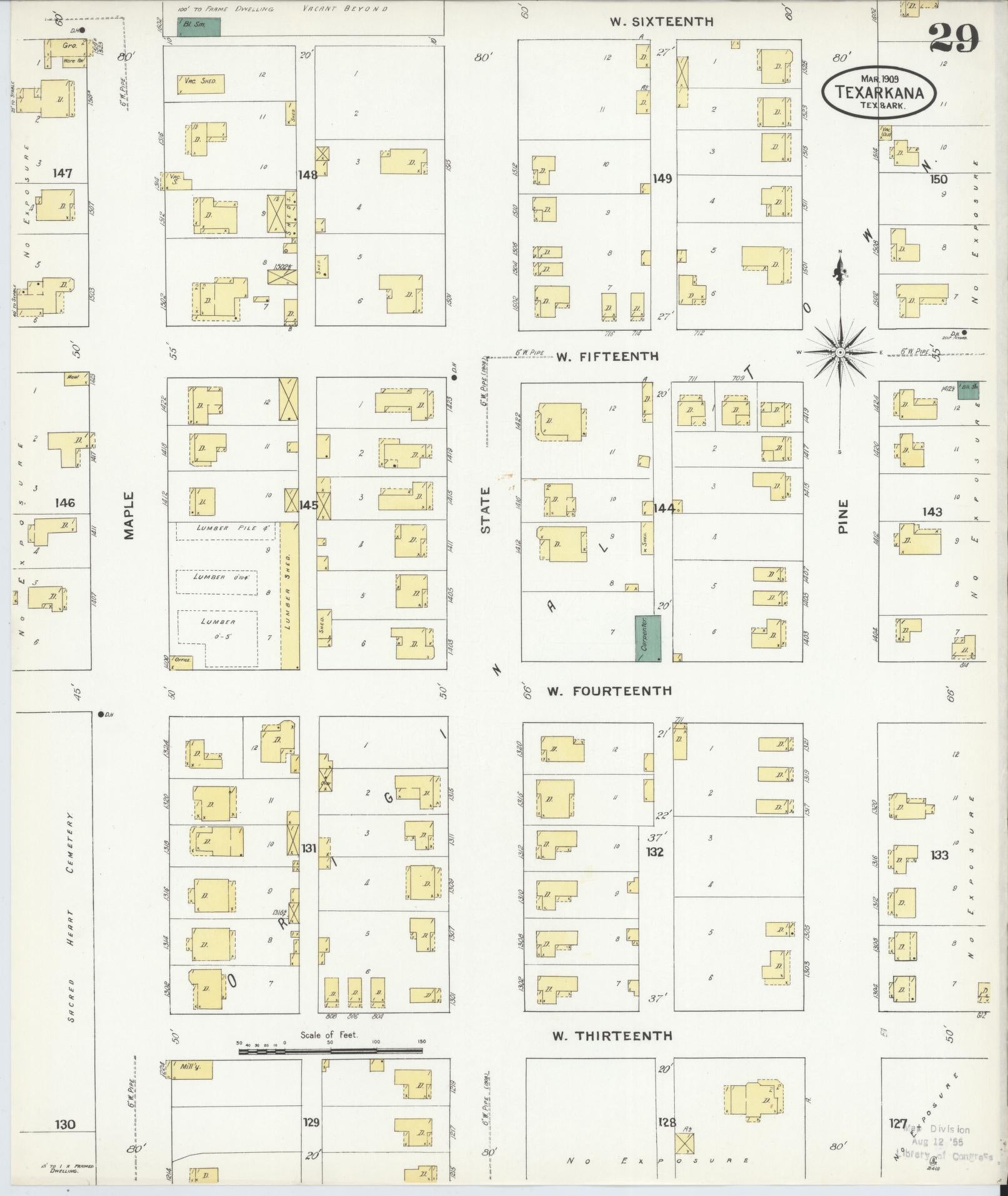 Sanborn Fire Insurance Map from Texarkana, Bowie County, Texas (1909), Sheet #0029 - Complete Map Set gallery image, historic Sanborn map, vintage wall art, Texas Texas