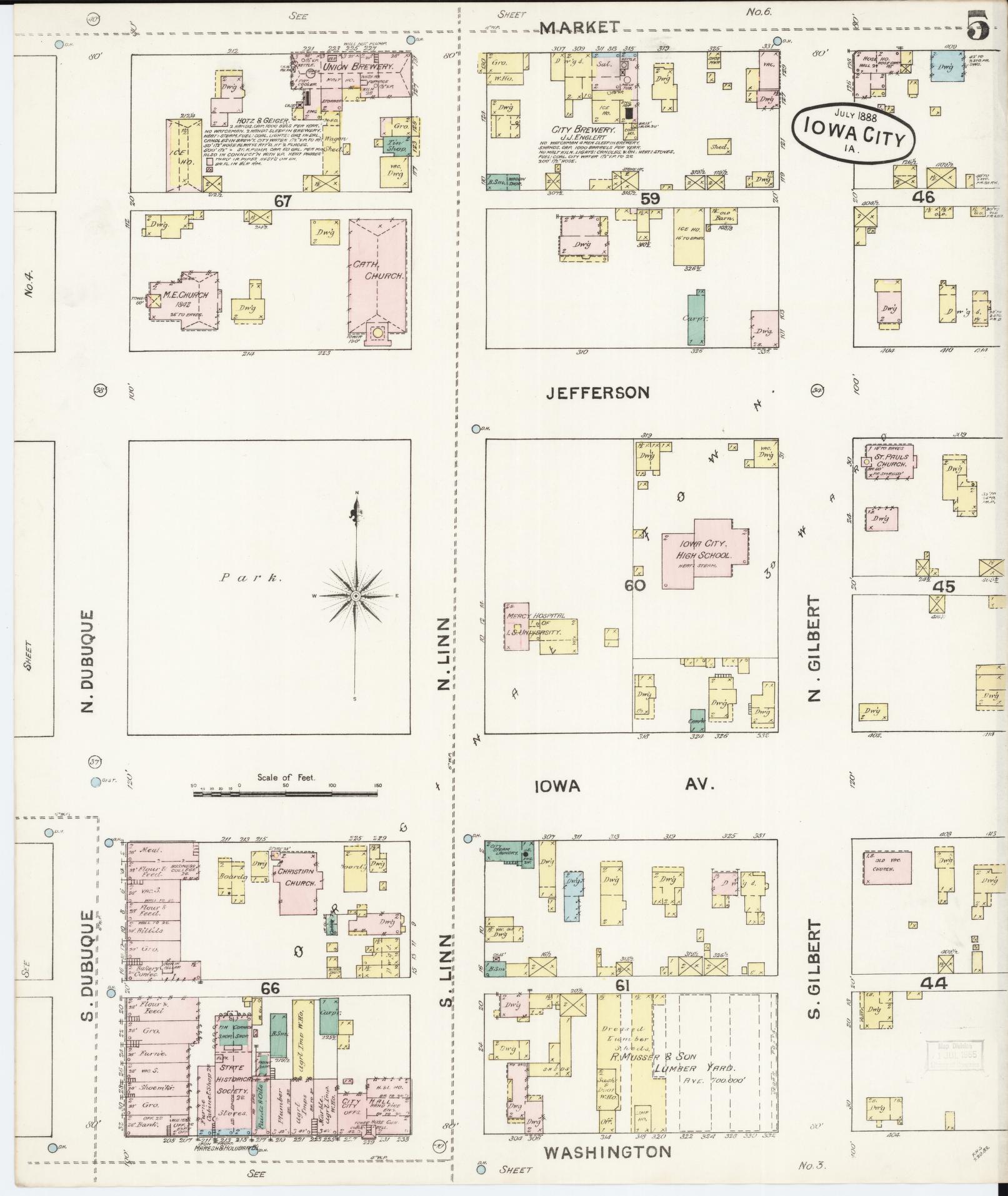Sanborn Fire Insurance Map from Iowa City, Johnson County, Iowa (1888), Sheet #0005 - Historic Sanborn Fire Insurance Map Print, vintage old map wall art