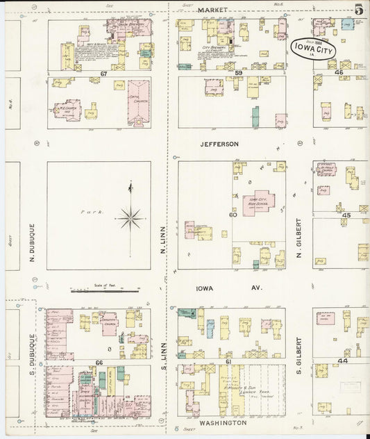 Sanborn Fire Insurance Map from Iowa City, Johnson County, Iowa (1888), Sheet #0005 - Historic Sanborn Fire Insurance Map Print, vintage old map wall art