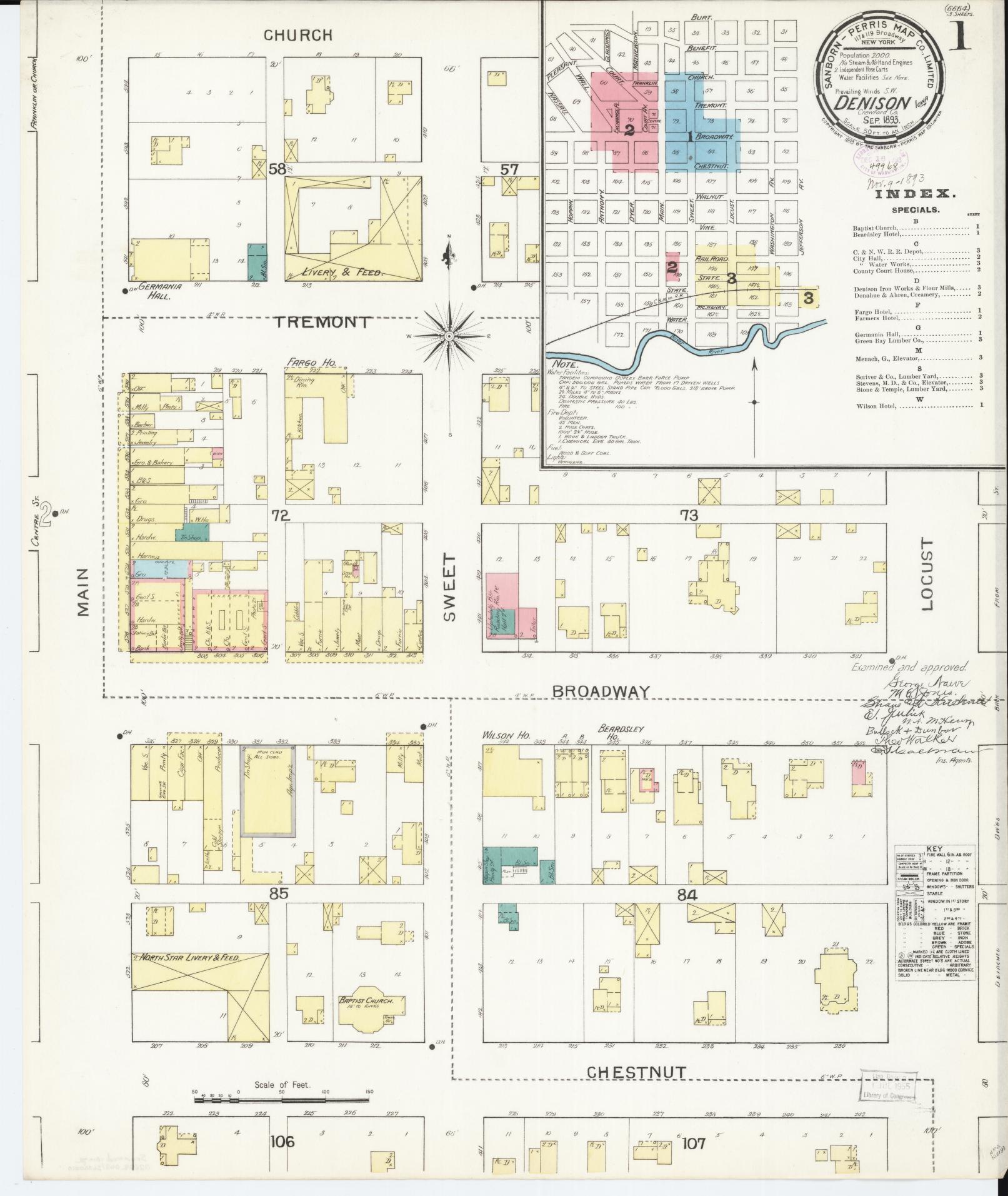 Sanborn Fire Insurance Map from Denison, Crawford County, Iowa (1893), Sheet #0001 - Historic Sanborn Fire Insurance Map Print, vintage old map wall art