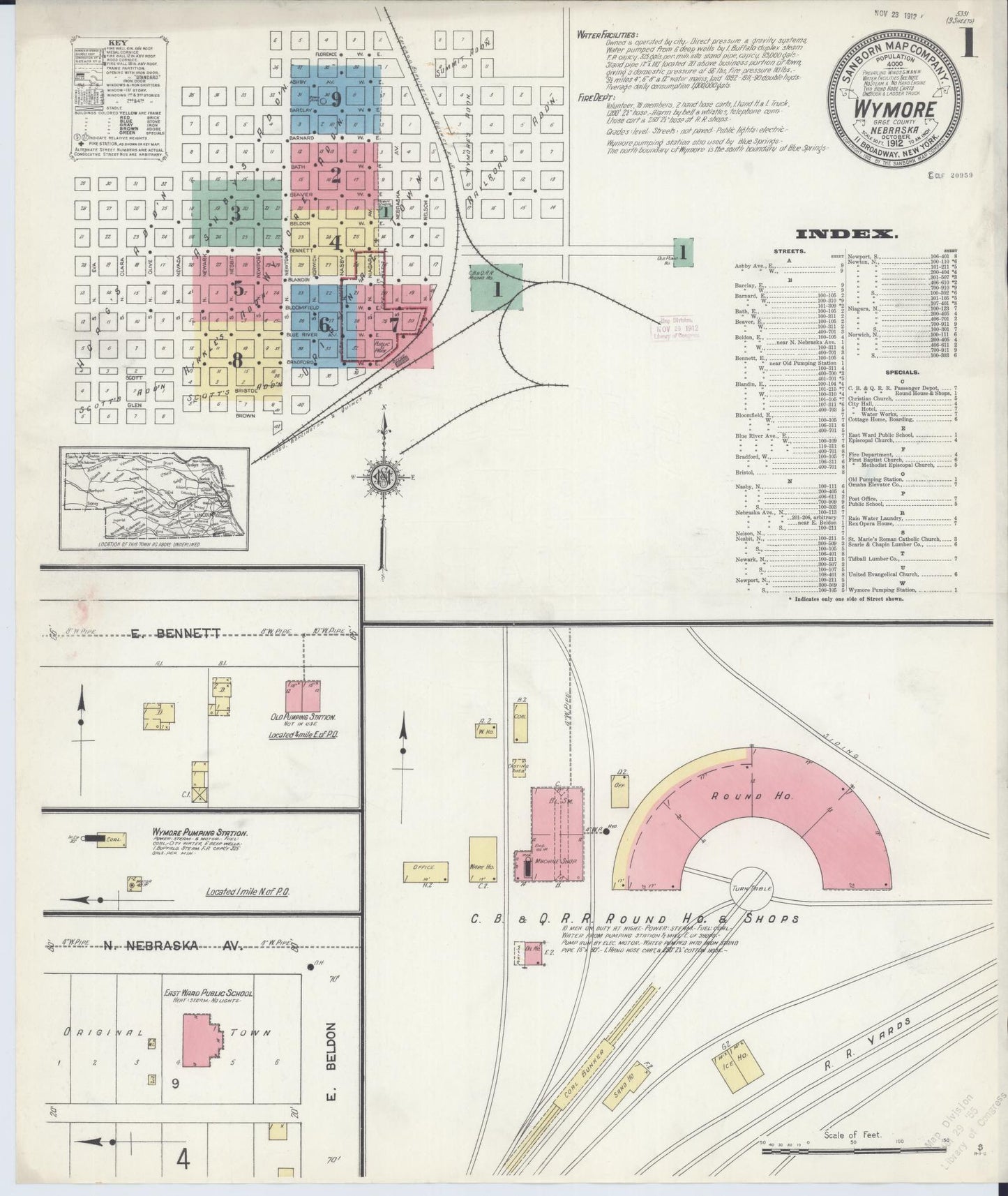 Sanborn Fire Insurance Map from Wymore, Gage County, Nebraska (1912), Sheet #0001 - Historic Sanborn Fire Insurance Map Print, vintage old map wall art, antique decor, genealogy gift, Nebraska Nebraska map
