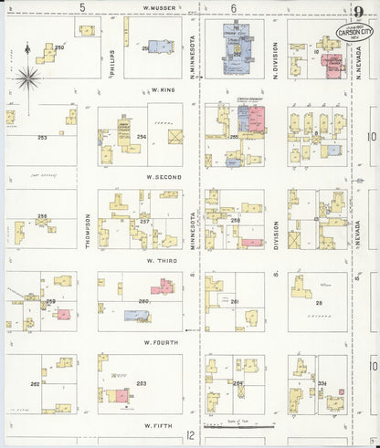 Sanborn Fire Insurance Map from Carson City, Carson City County, Nevada (1907), Sheet #0009 - Complete Map Set gallery image, historic Sanborn map, vintage wall art, Nevada Nevada