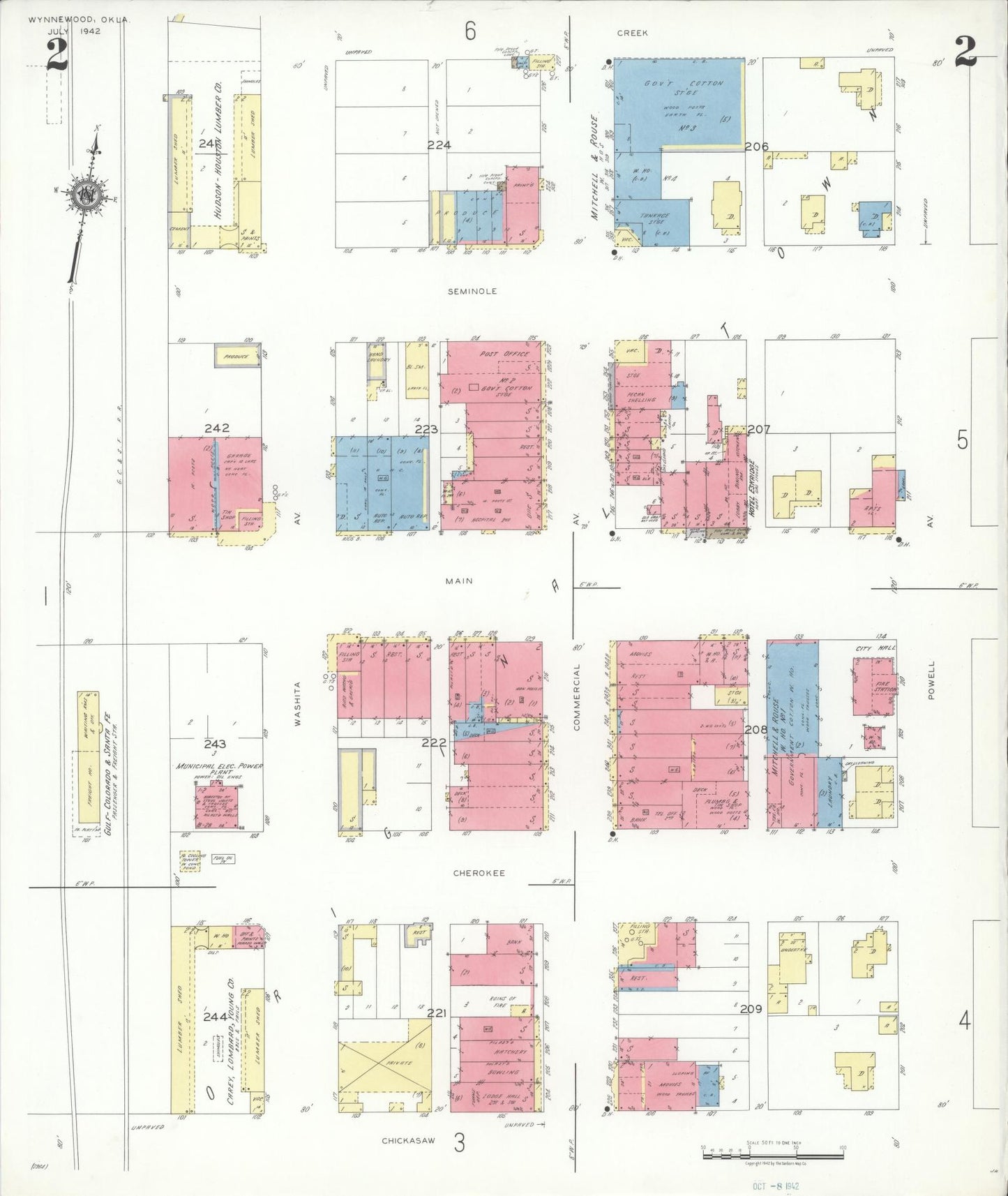 Sanborn Fire Insurance Map from Wynnewood, Garvin County, Oklahoma (1942), Sheet #0002 - Historic Sanborn Fire Insurance Map Print, vintage old map wall art, antique decor, genealogy gift, Oklahoma Oklahoma map