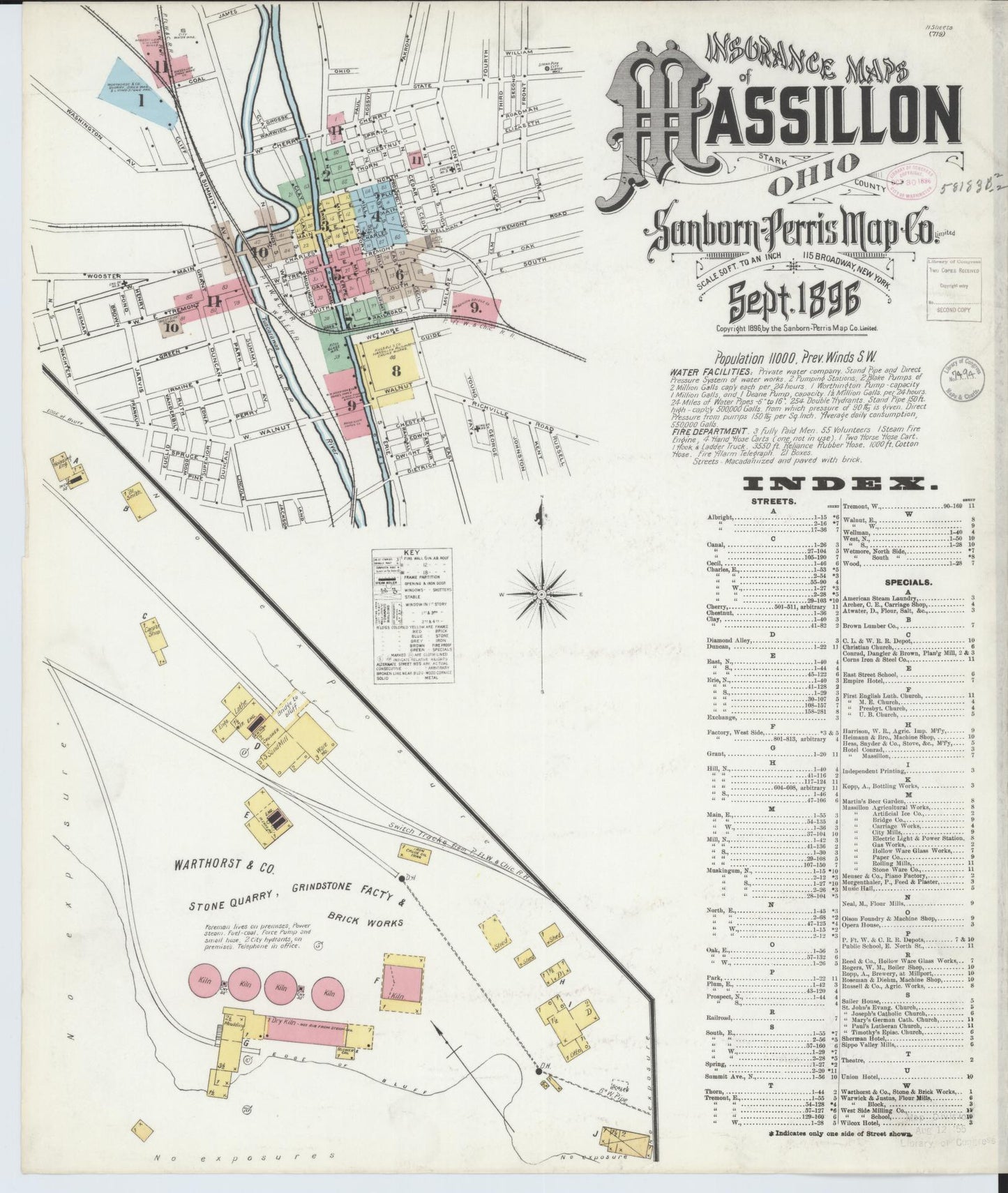 Sanborn Fire Insurance Map from Massillon, Stark County, Ohio (1896), Sheet #0001 - Historic Sanborn Fire Insurance Map Print, vintage old map wall art, antique decor, genealogy gift, Ohio Ohio map