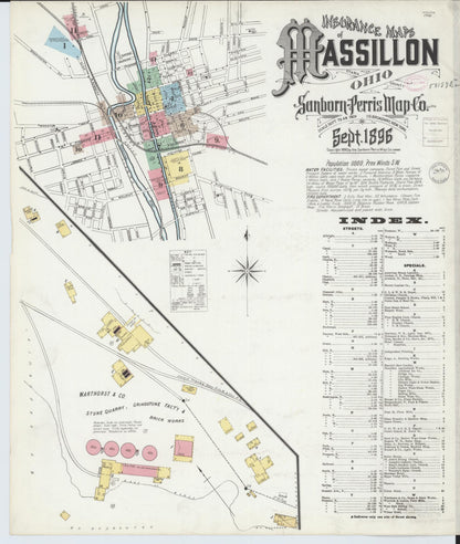 Sanborn Fire Insurance Map from Massillon, Stark County, Ohio (1896), Sheet #0001 - Historic Sanborn Fire Insurance Map Print, vintage old map wall art, antique decor, genealogy gift, Ohio Ohio map