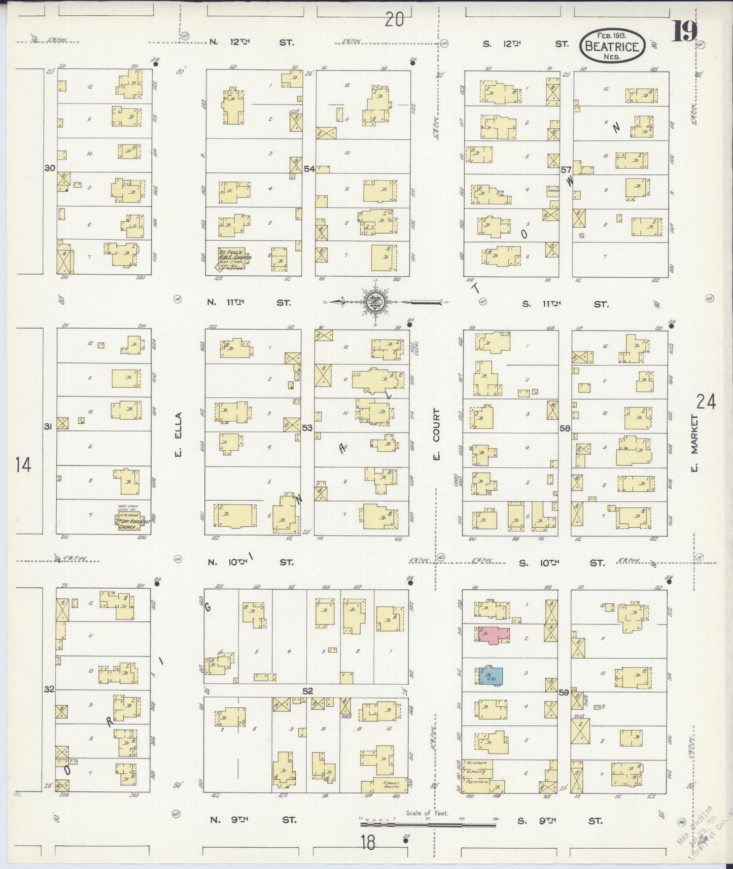 Sanborn Fire Insurance Map from Beatrice, Gage County, Nebraska (1913), Sheet #0019 - Complete Map Set gallery image, historic Sanborn map, vintage wall art, Nebraska Nebraska