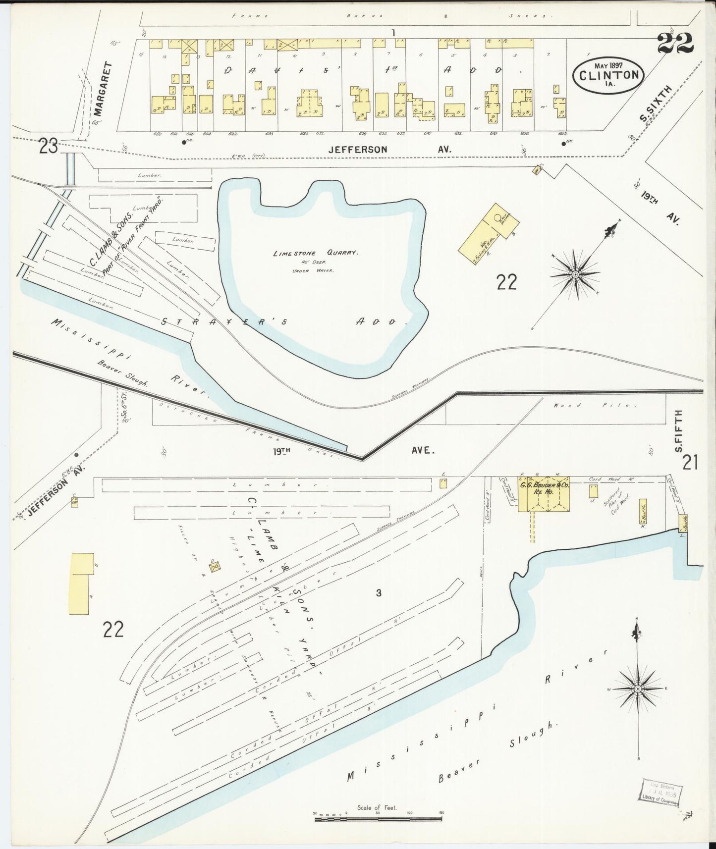 Sanborn Fire Insurance Map from Clinton, Clinton County, Iowa (1897), Sheet #0022 - Historic Sanborn Fire Insurance Map Print, vintage old map wall art