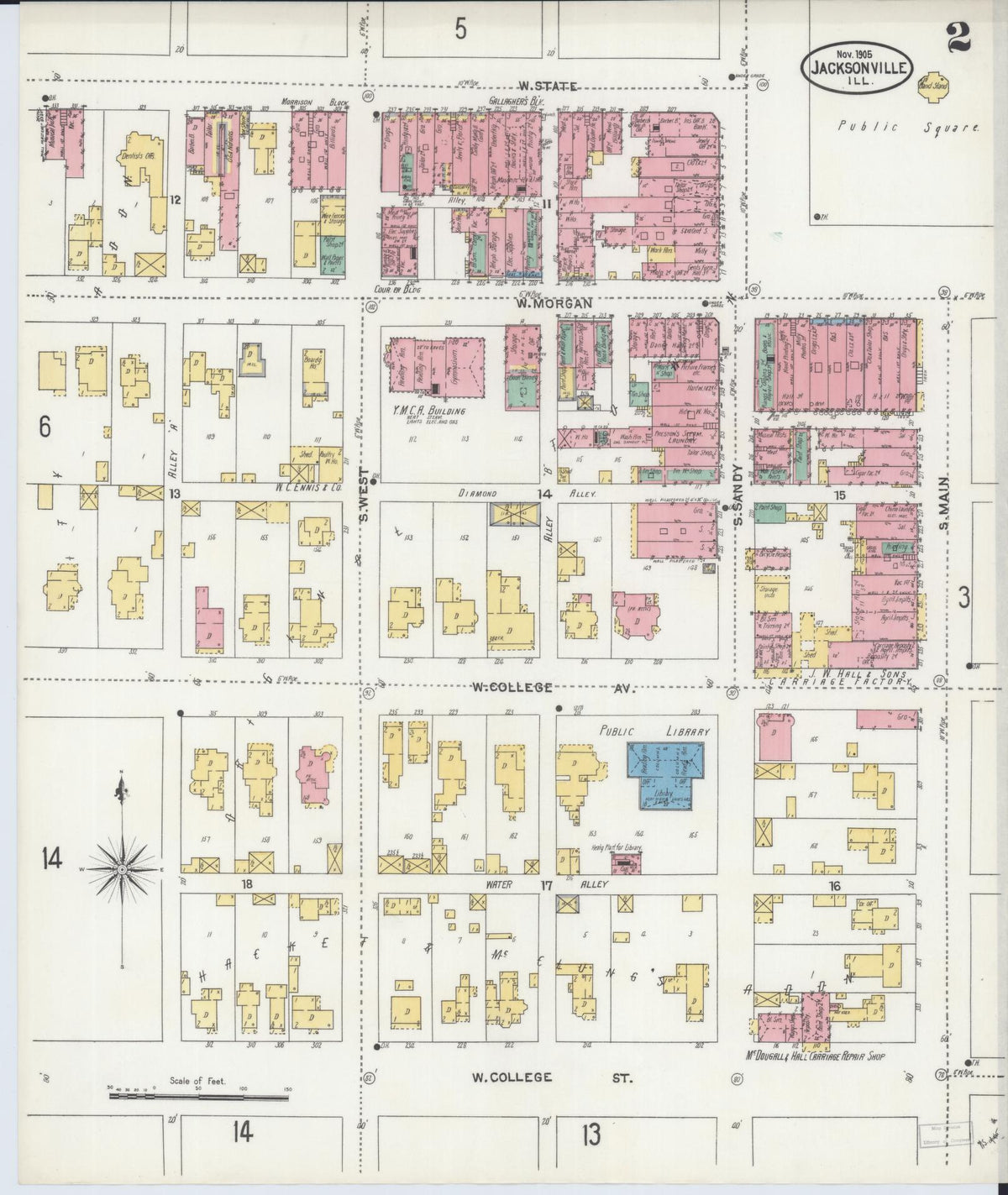 Sanborn Fire Insurance Map from Jacksonville, Morgan County, Illinois (1905), Sheet #0002 - Historic Sanborn Fire Insurance Map Print, vintage old map wall art, antique decor, genealogy gift, Illinois Illinois map