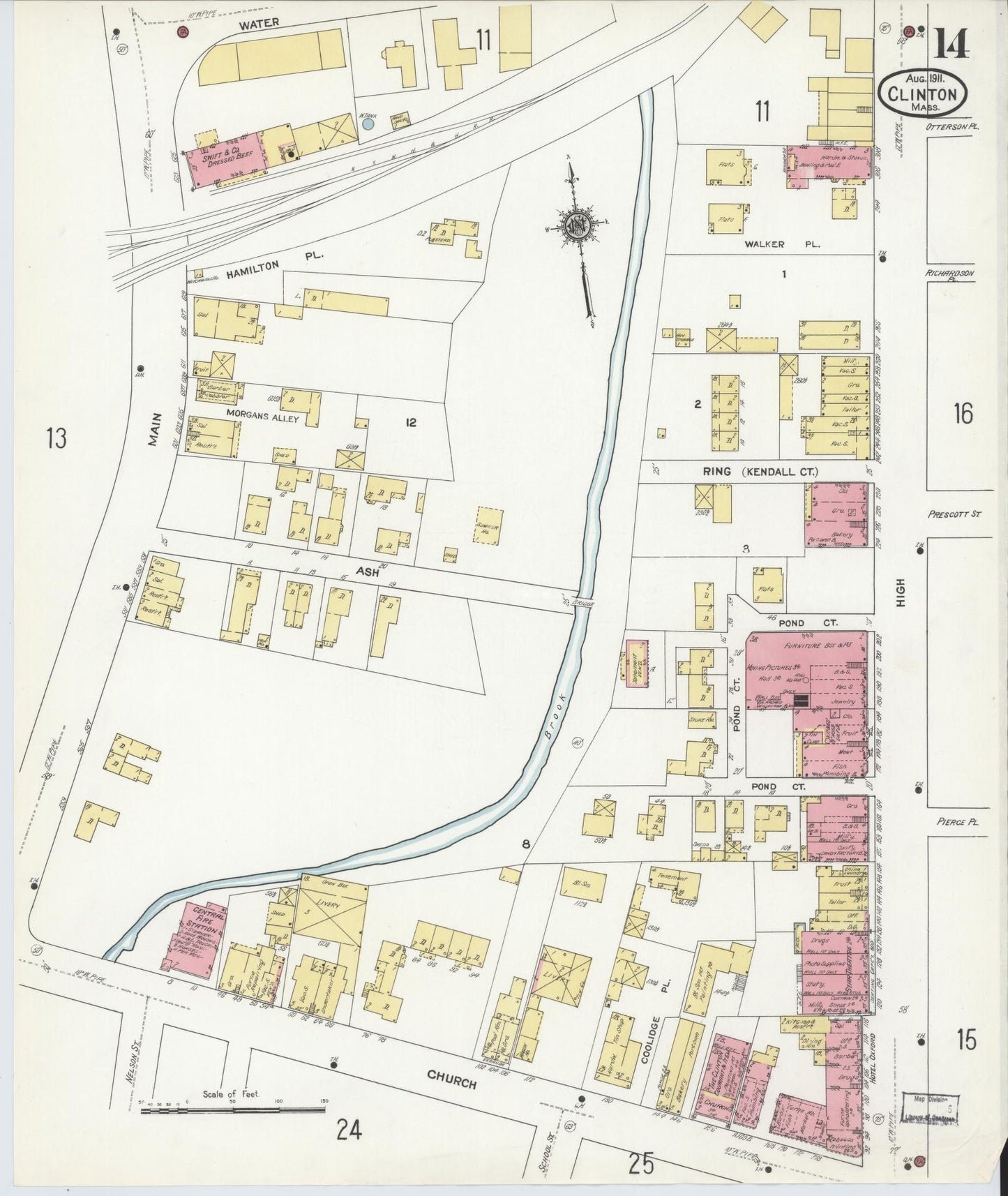 Sanborn Fire Insurance Map from Clinton, Worcester County, Massachusetts (1911), Sheet #0014 - Historic Sanborn Fire Insurance Map Print, vintage old map wall art, antique decor, genealogy gift, Massachusetts Massachusetts map